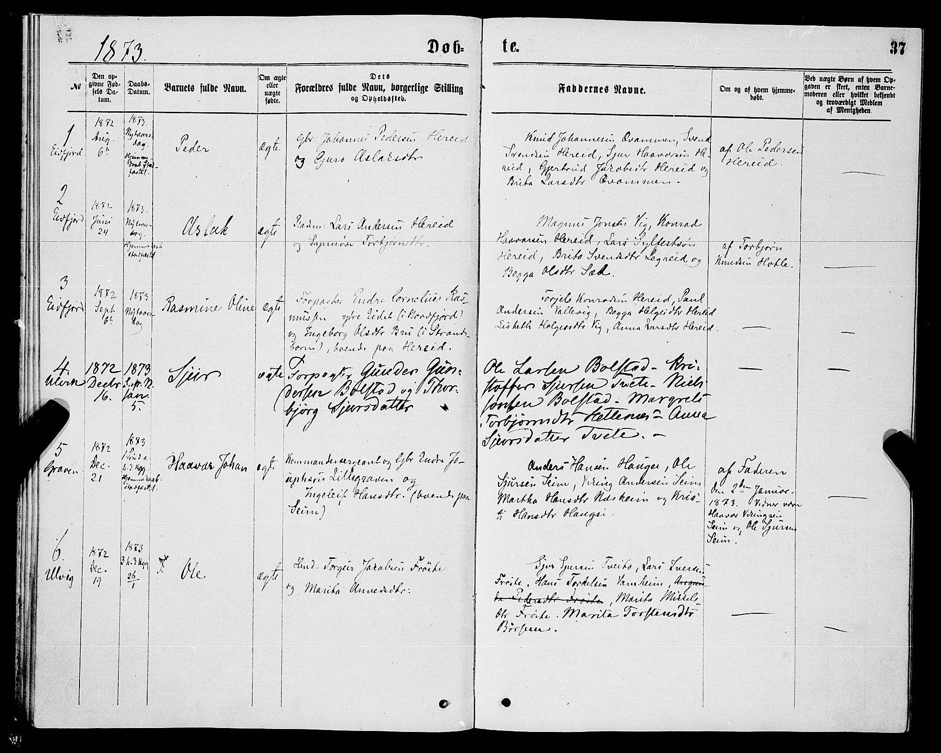 Ulvik sokneprestembete, AV/SAB-A-78801/H/Haa: Parish register (official) no. A 16, 1870-1878, p. 37