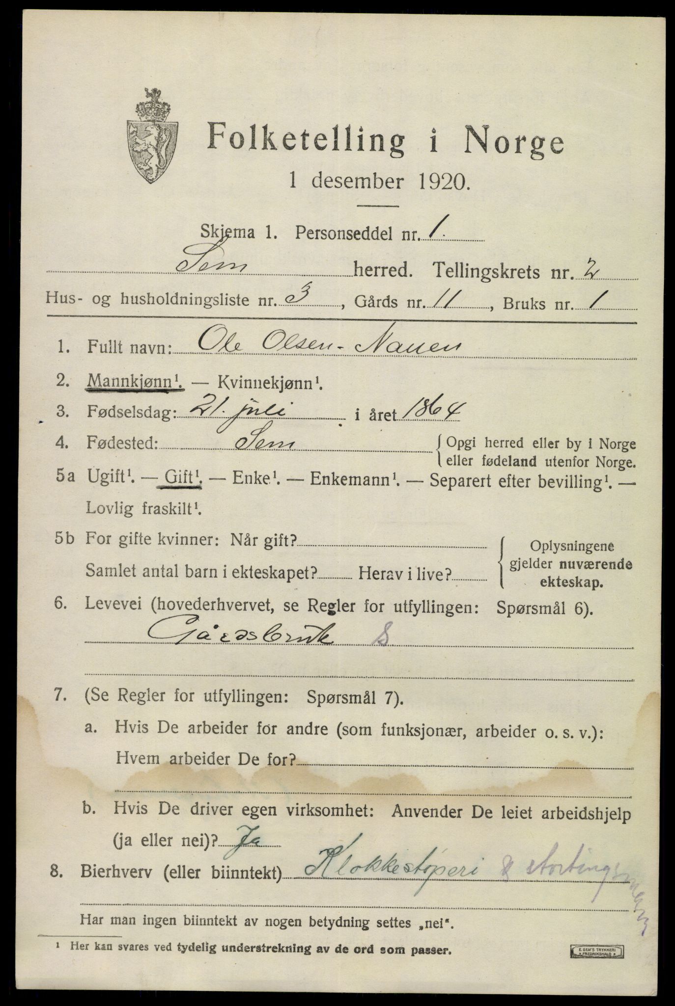 SAKO, 1920 census for Sem, 1920, p. 5275