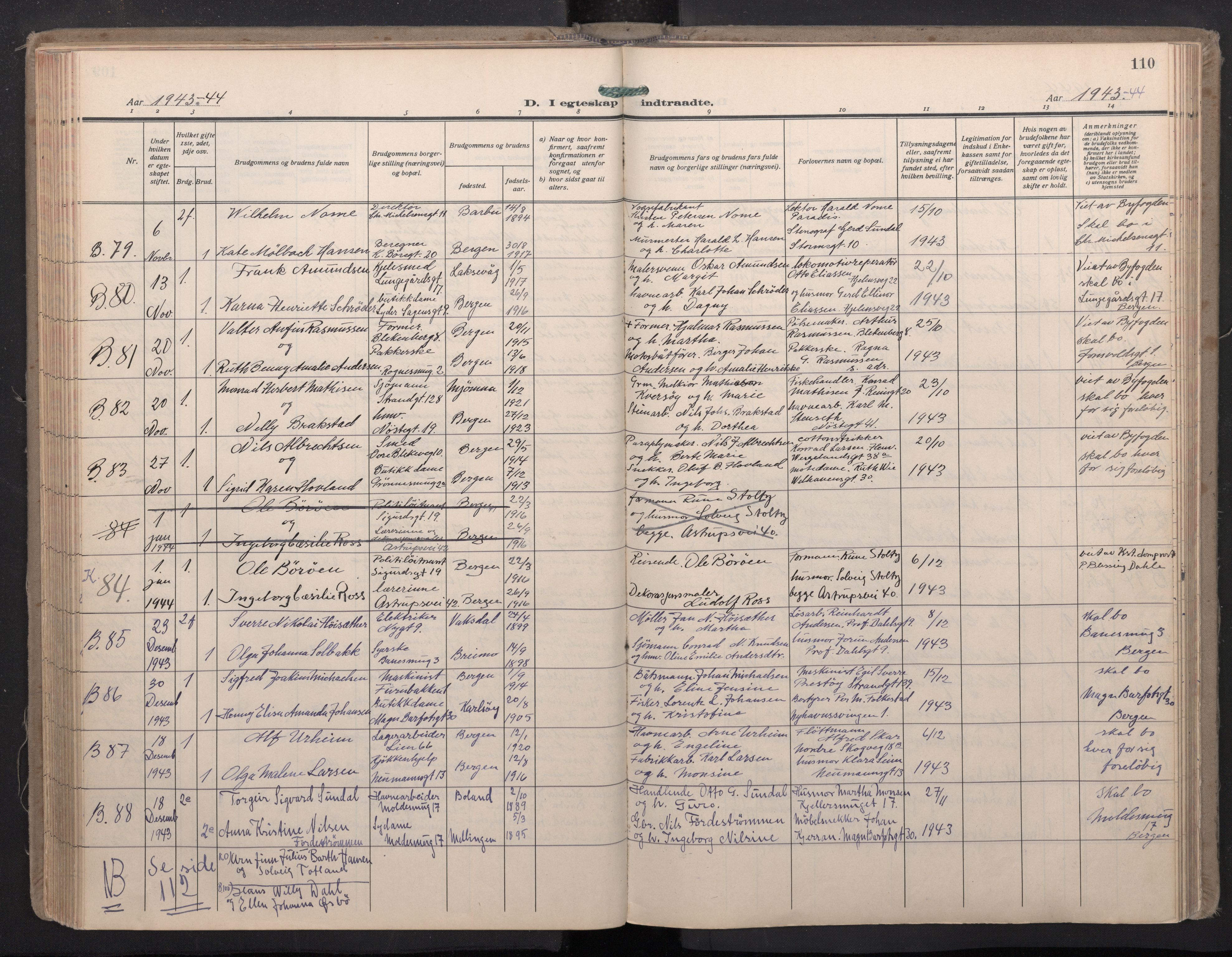 Domkirken sokneprestembete, AV/SAB-A-74801/H/Haa: Parish register (official) no. D 7, 1937-1950, p. 109b-110a