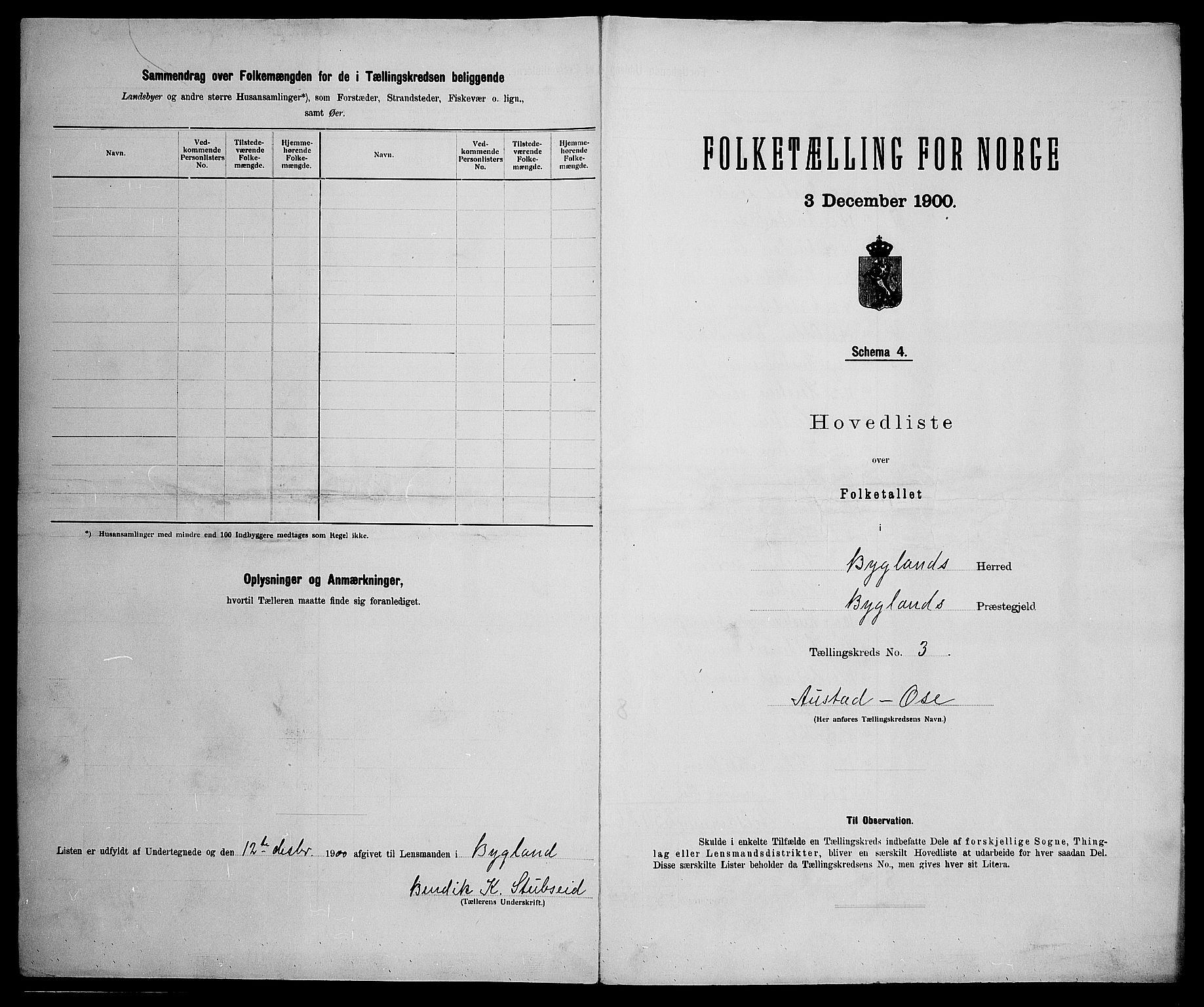 SAK, 1900 census for Bygland, 1900, p. 20