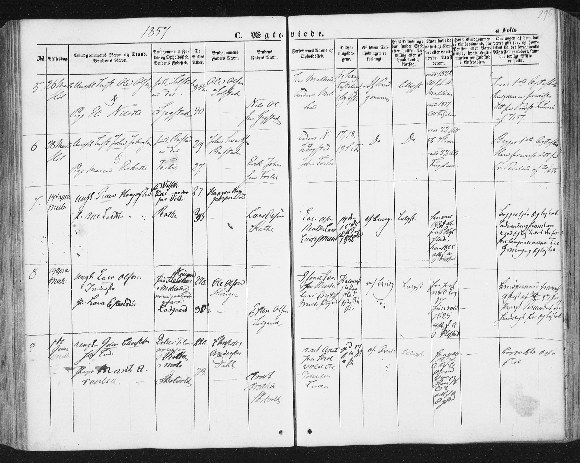 Ministerialprotokoller, klokkerbøker og fødselsregistre - Sør-Trøndelag, SAT/A-1456/691/L1076: Parish register (official) no. 691A08, 1852-1861, p. 295