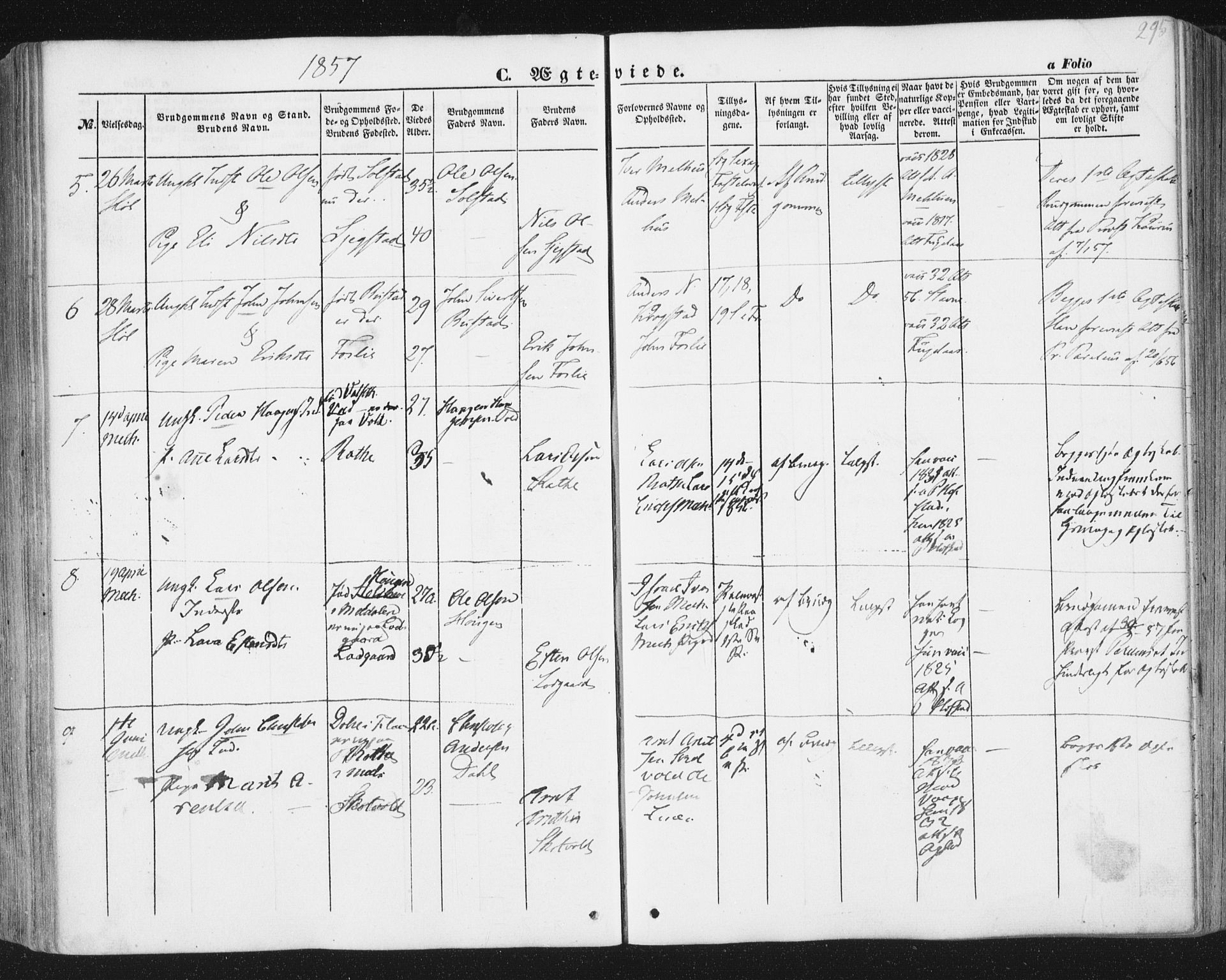 Ministerialprotokoller, klokkerbøker og fødselsregistre - Sør-Trøndelag, AV/SAT-A-1456/691/L1076: Parish register (official) no. 691A08, 1852-1861, p. 295