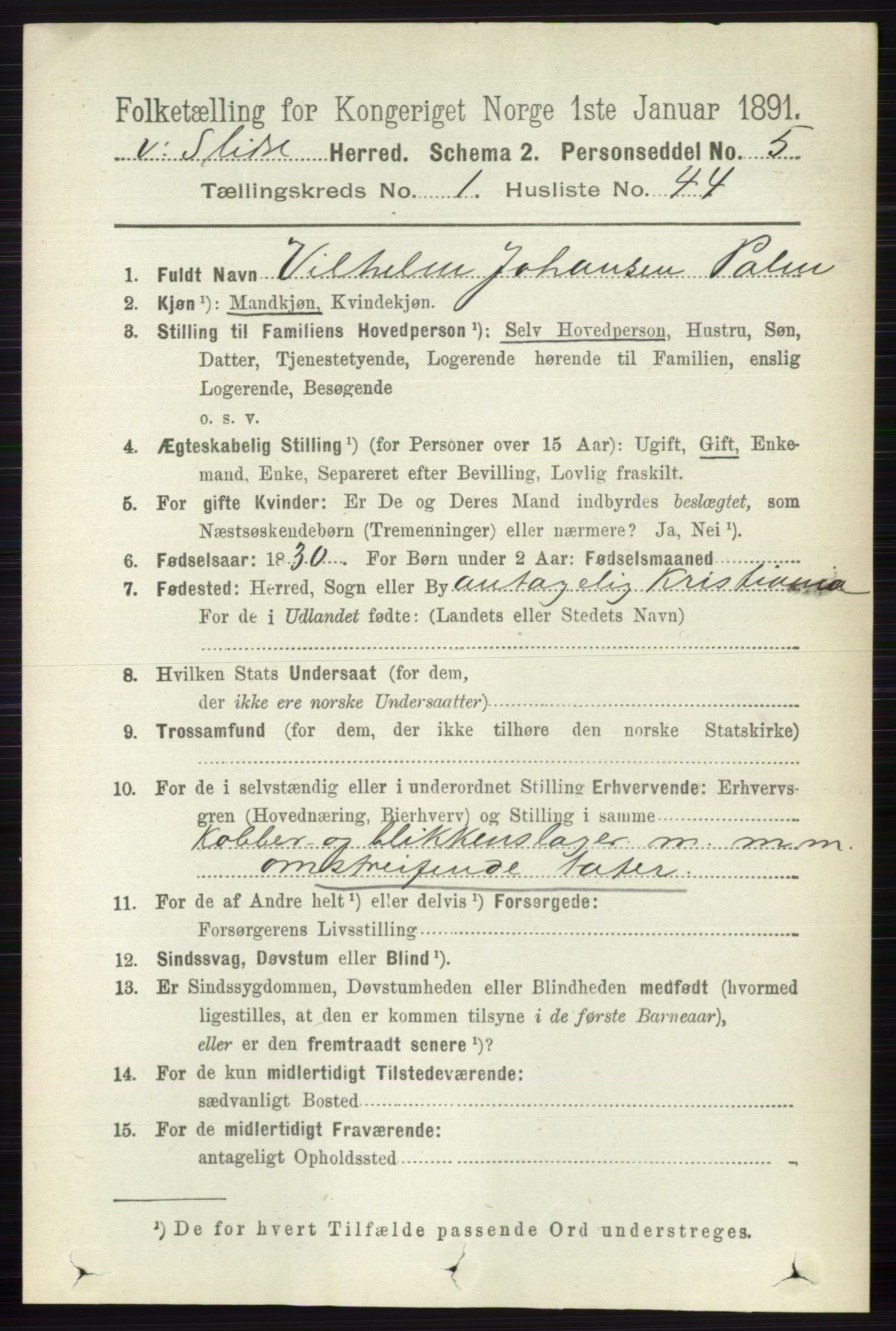 RA, 1891 census for 0543 Vestre Slidre, 1891, p. 331