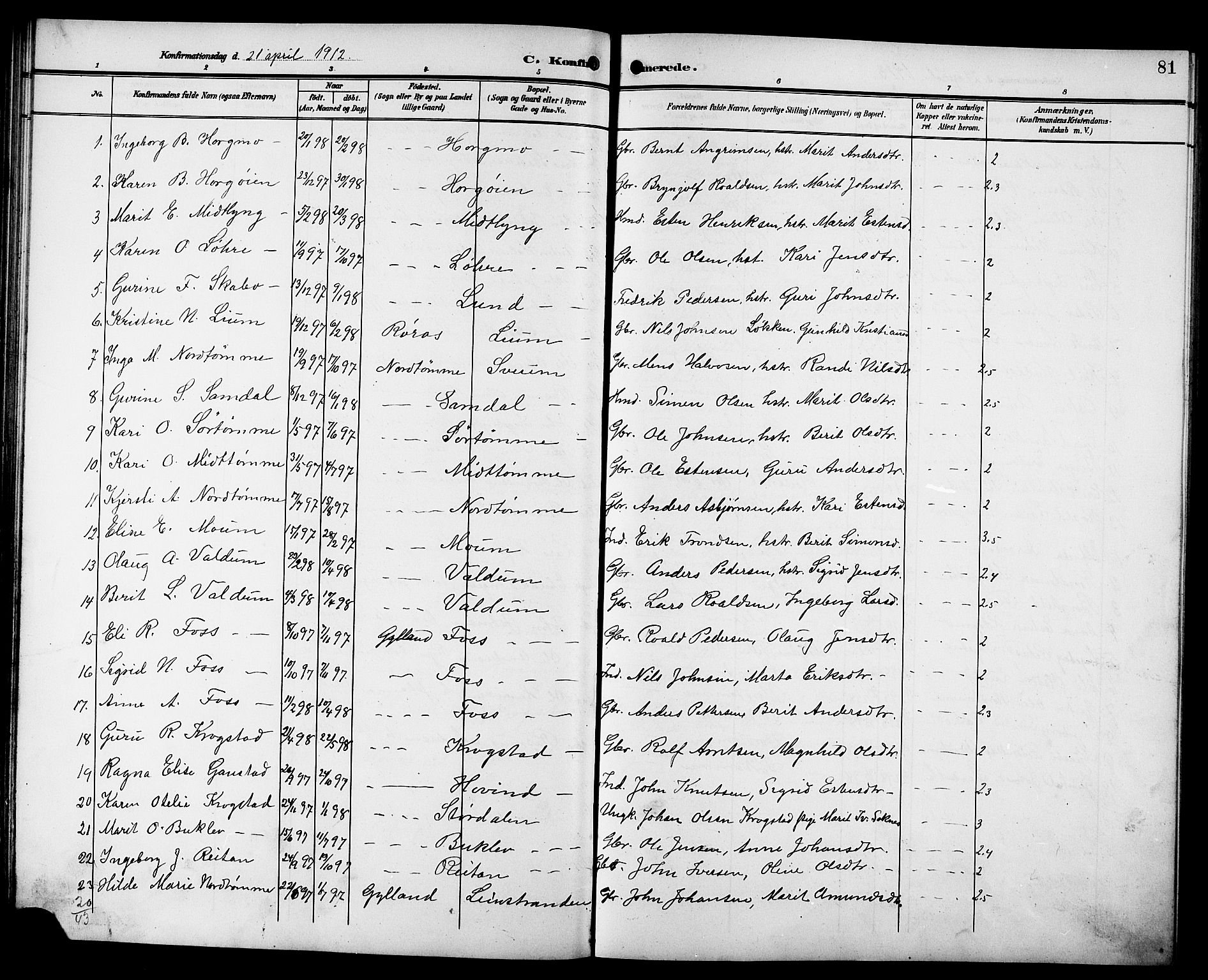 Ministerialprotokoller, klokkerbøker og fødselsregistre - Sør-Trøndelag, AV/SAT-A-1456/692/L1112: Parish register (copy) no. 692C07, 1904-1918, p. 81