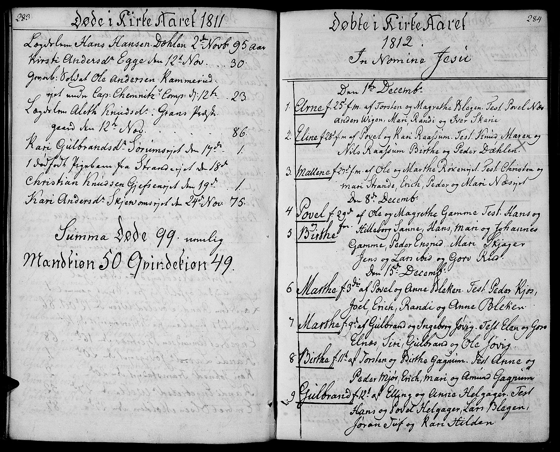 Gran prestekontor, SAH/PREST-112/H/Ha/Haa/L0008: Parish register (official) no. 8, 1798-1811, p. 283-284