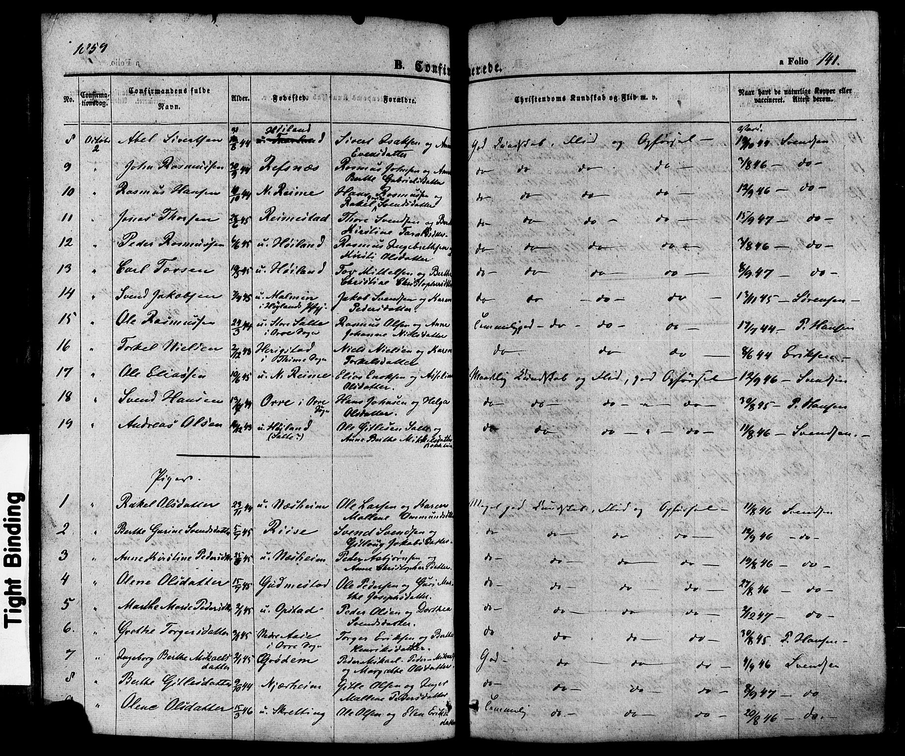 Hå sokneprestkontor, AV/SAST-A-101801/001/30BA/L0008: Parish register (official) no. A 7, 1853-1878, p. 141