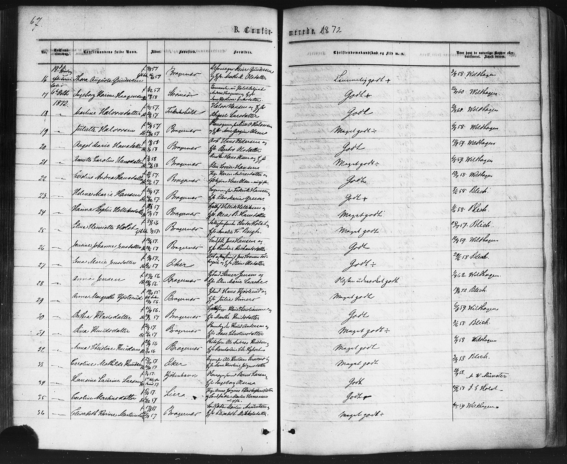 Bragernes kirkebøker, AV/SAKO-A-6/F/Fc/L0003: Parish register (official) no. III 3, 1865-1874, p. 67