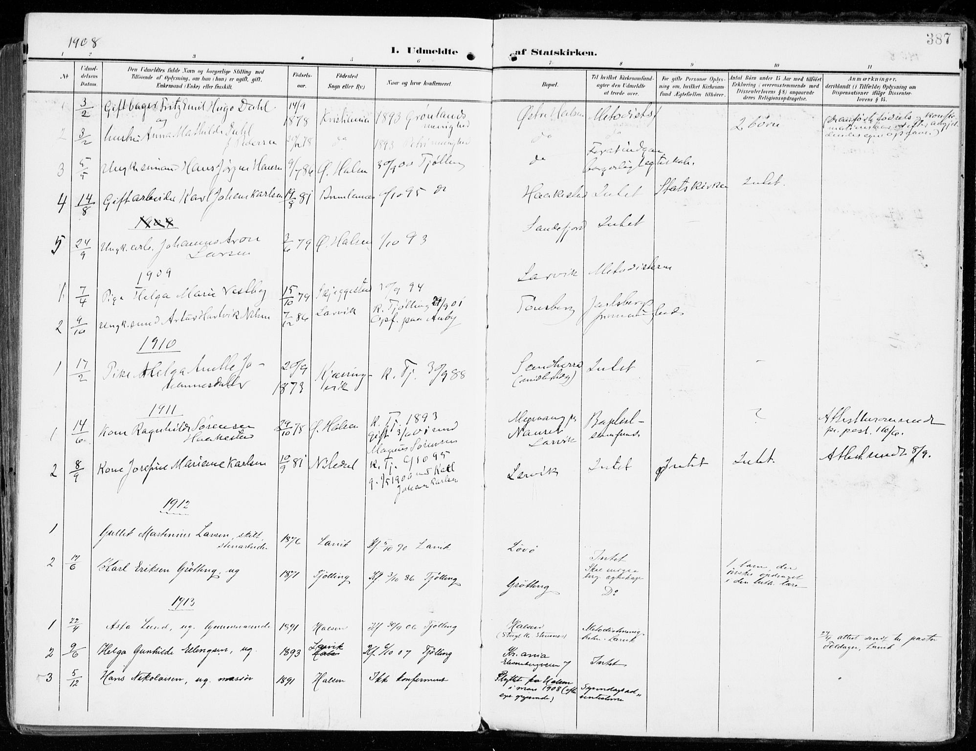 Tjølling kirkebøker, SAKO/A-60/F/Fa/L0010: Parish register (official) no. 10, 1906-1923, p. 387