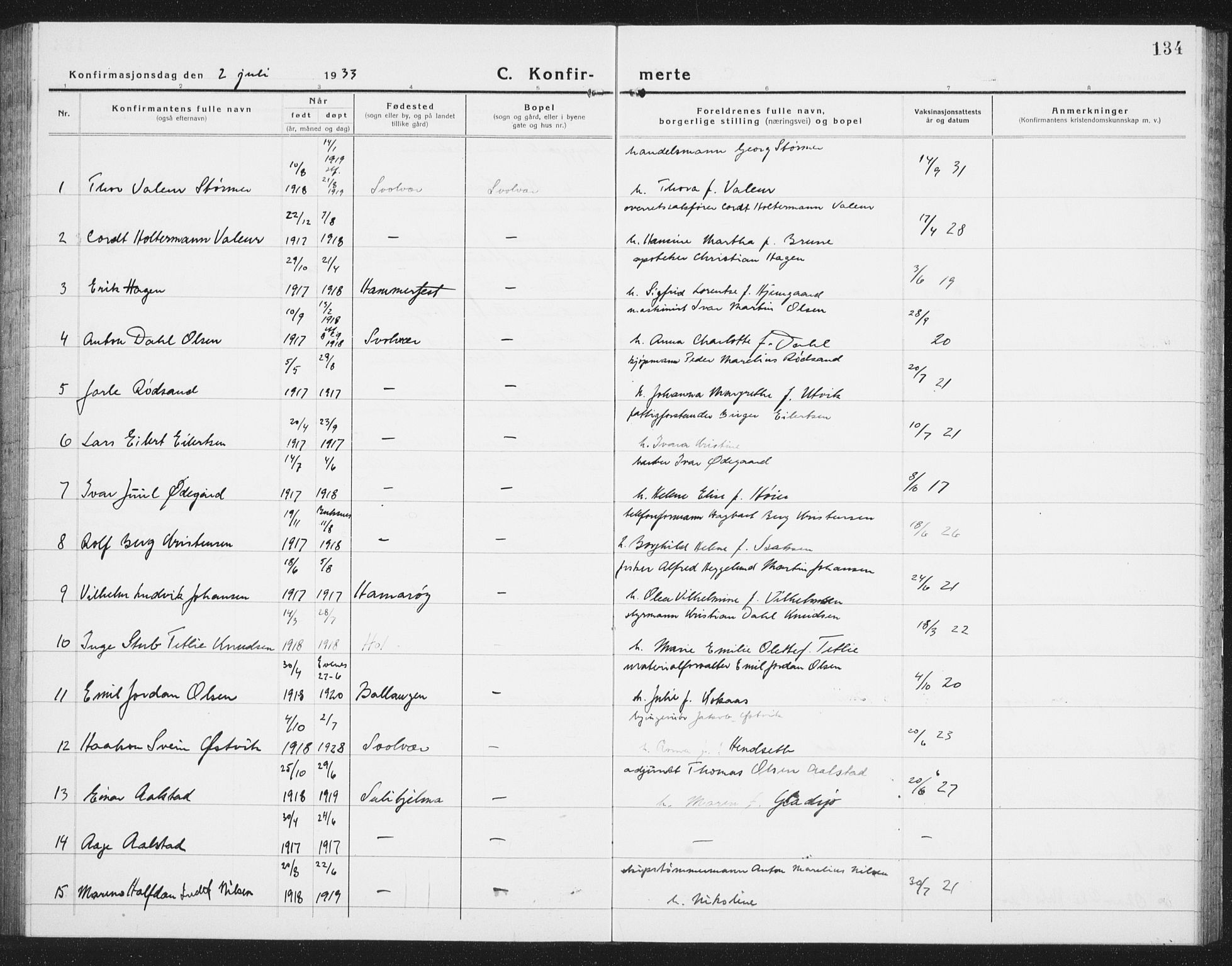 Ministerialprotokoller, klokkerbøker og fødselsregistre - Nordland, AV/SAT-A-1459/877/L1117: Parish register (copy) no. 877C01, 1923-1942, p. 134