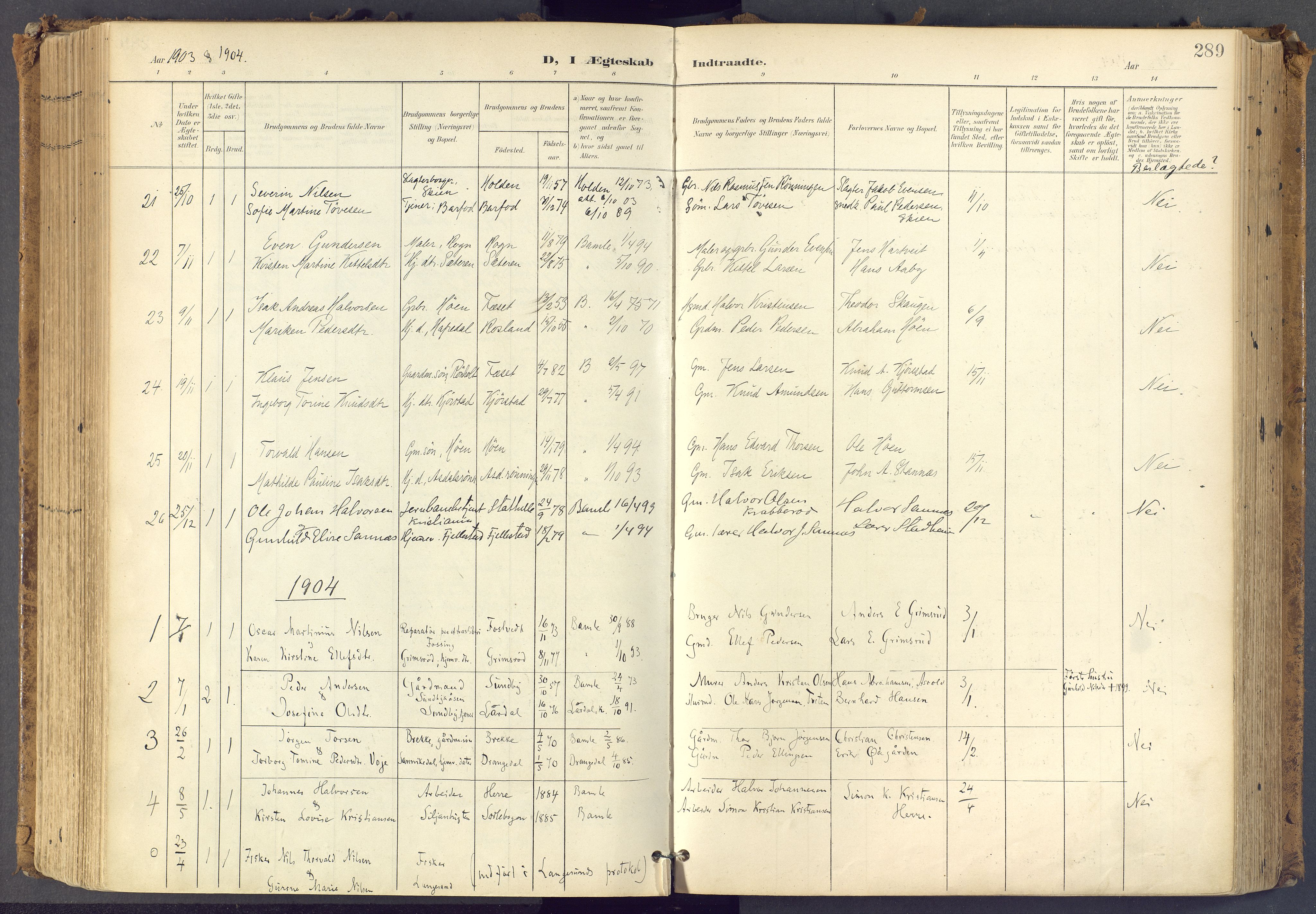 Bamble kirkebøker, SAKO/A-253/F/Fa/L0009: Parish register (official) no. I 9, 1901-1917, p. 289