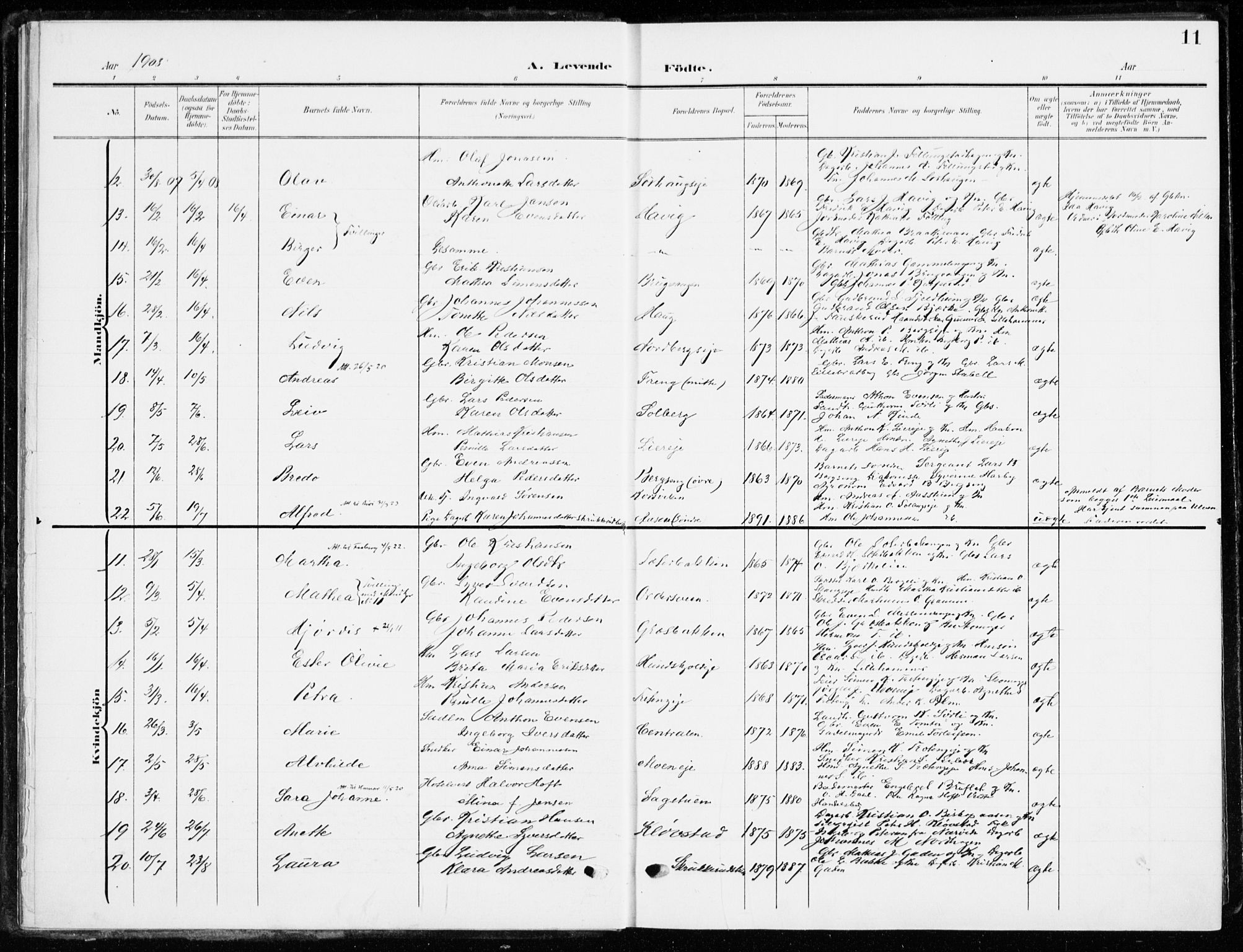 Ringsaker prestekontor, AV/SAH-PREST-014/K/Ka/L0021: Parish register (official) no. 21, 1905-1920, p. 11