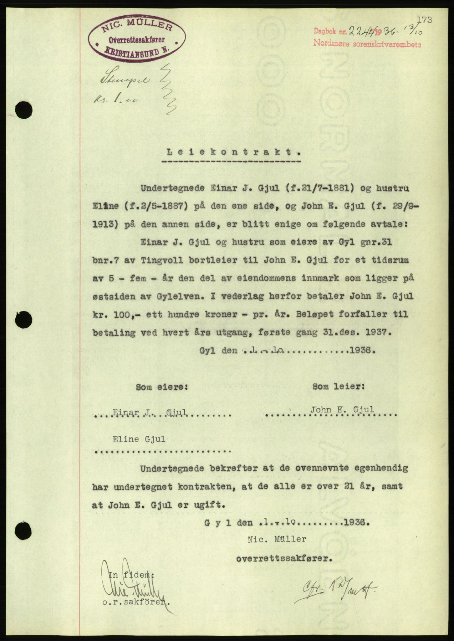 Nordmøre sorenskriveri, AV/SAT-A-4132/1/2/2Ca/L0090: Mortgage book no. B80, 1936-1937, Diary no: : 2244/1936