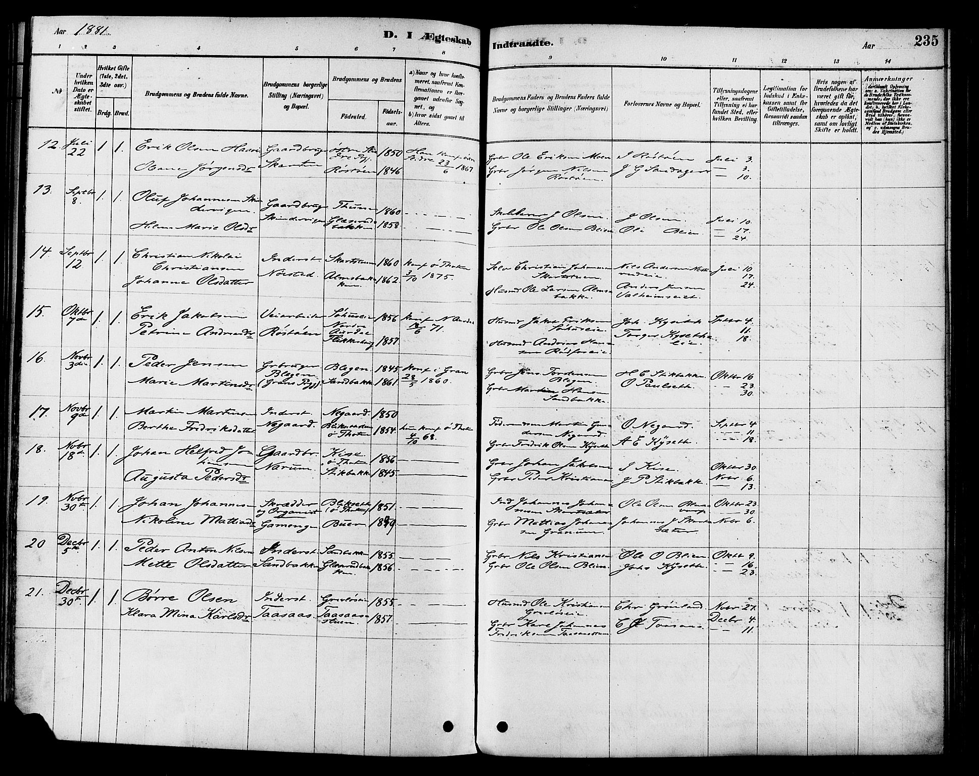 Vestre Toten prestekontor, SAH/PREST-108/H/Ha/Haa/L0009: Parish register (official) no. 9, 1878-1894, p. 235