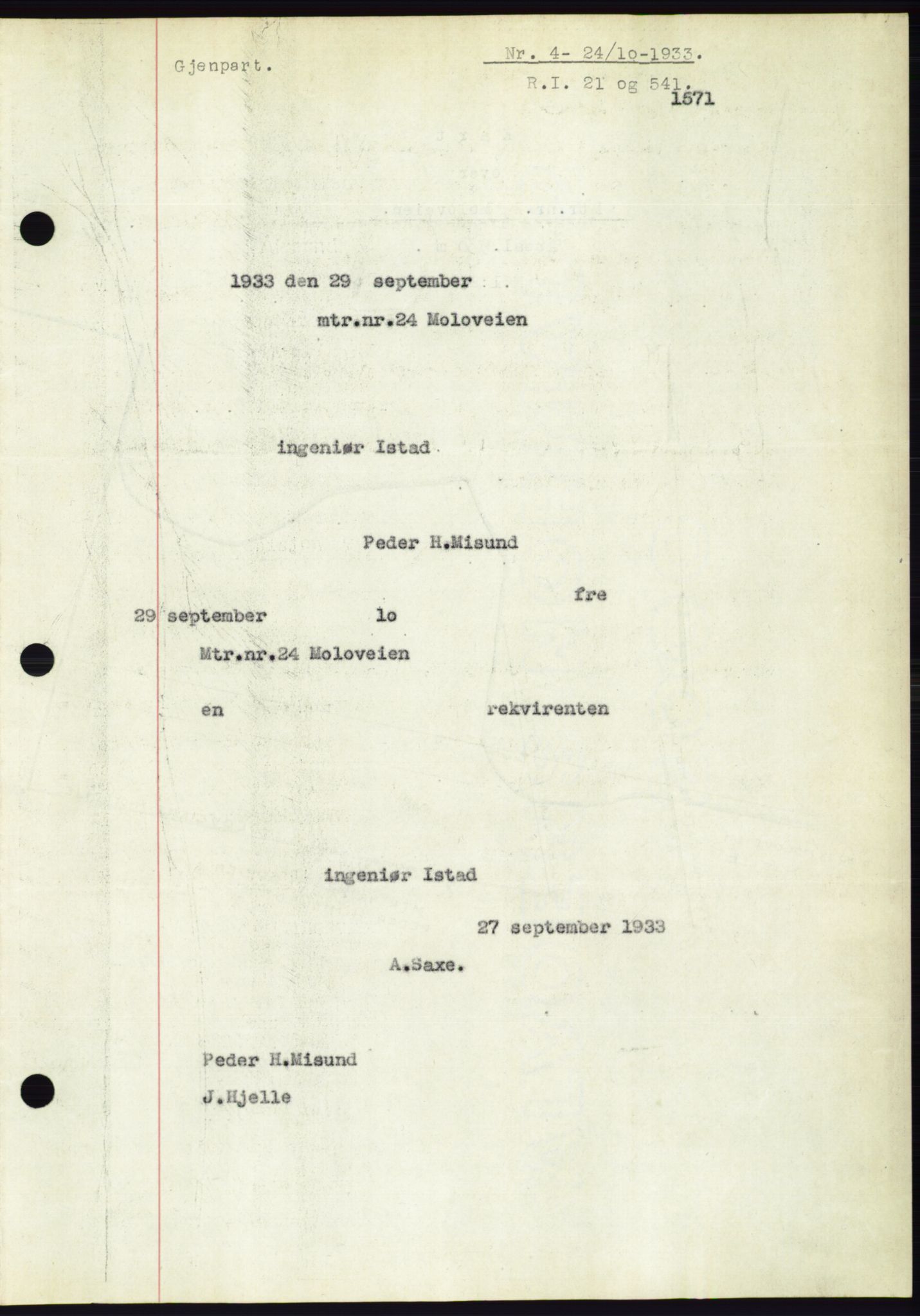 Ålesund byfogd, AV/SAT-A-4384: Mortgage book no. 31, 1933-1934, Deed date: 24.10.1933