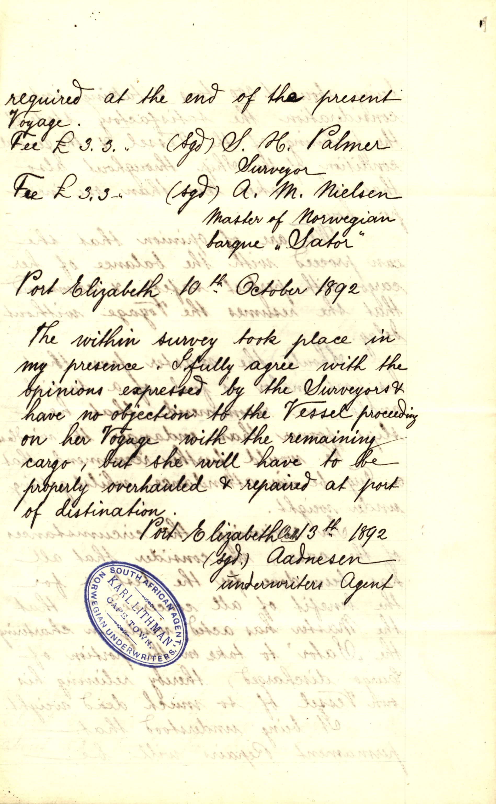 Pa 63 - Østlandske skibsassuranceforening, VEMU/A-1079/G/Ga/L0028/0002: Havaridokumenter / Marie, Favorit, Tabor, Sylphiden, Berthel, America, 1892, p. 8