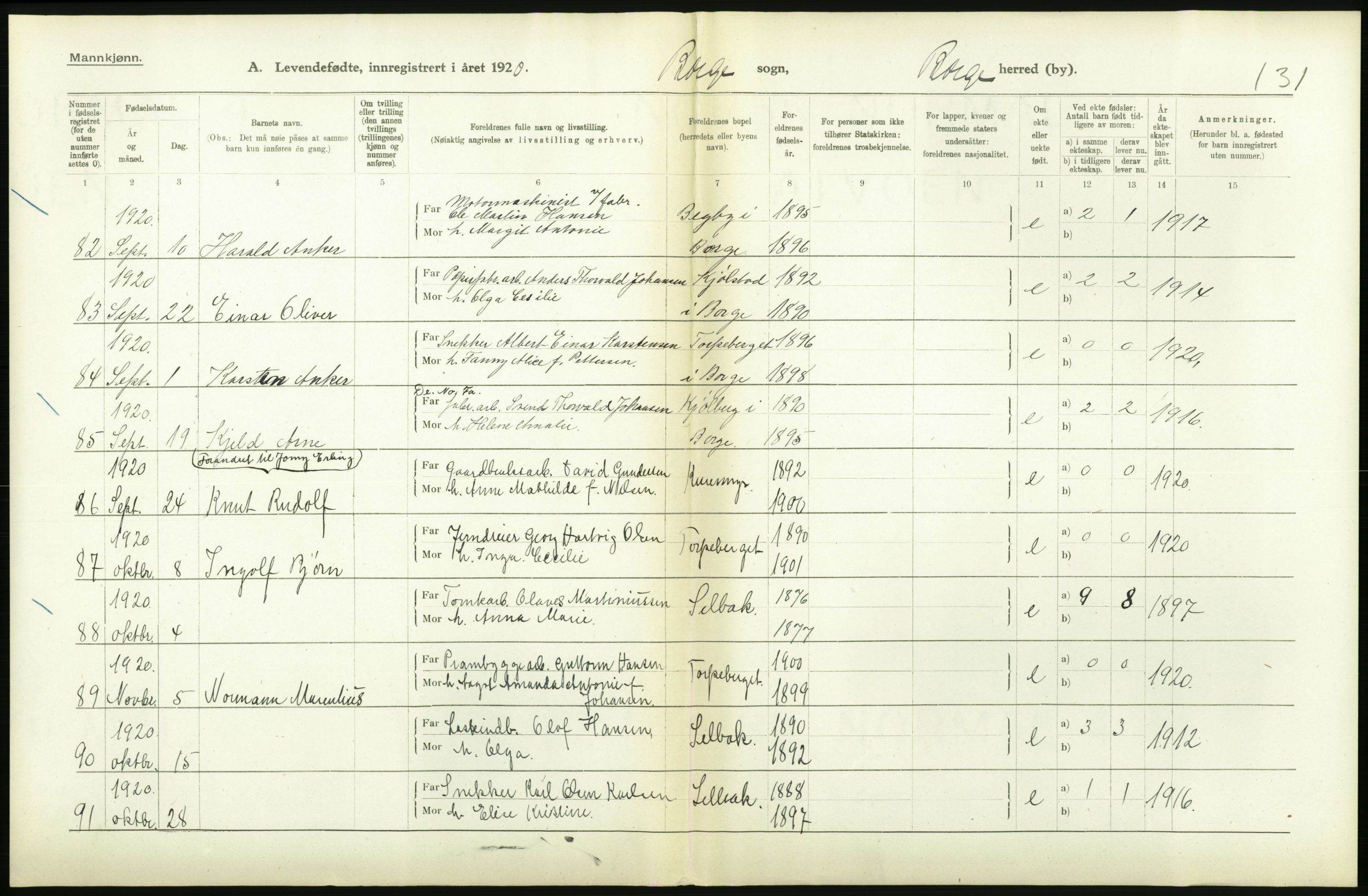 Statistisk sentralbyrå, Sosiodemografiske emner, Befolkning, RA/S-2228/D/Df/Dfb/Dfbj/L0001: Østfold fylke: Levendefødte menn og kvinner. Bygder., 1920, p. 176