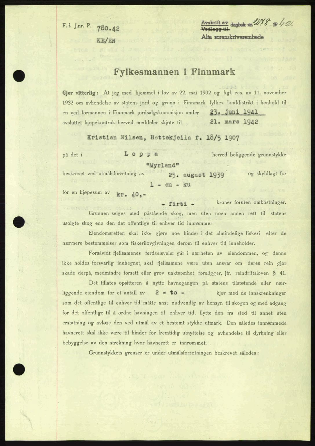 Alta fogderi/sorenskriveri, SATØ/SATØ-5/1/K/Kd/L0033pantebok: Mortgage book no. 33, 1940-1943, Diary no: : 278/1942