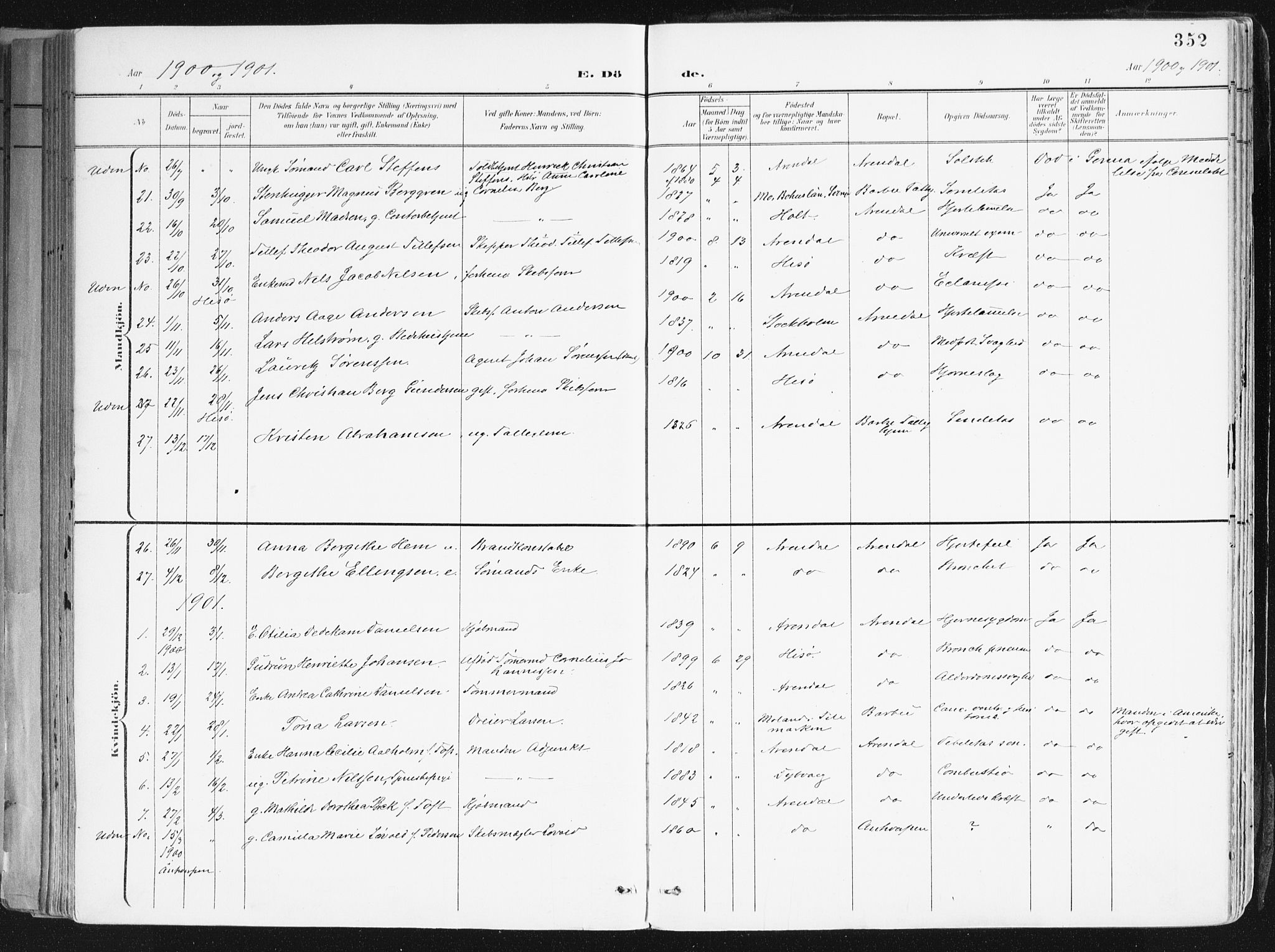 Arendal sokneprestkontor, Trefoldighet, SAK/1111-0040/F/Fa/L0010: Parish register (official) no. A 10, 1900-1919, p. 352