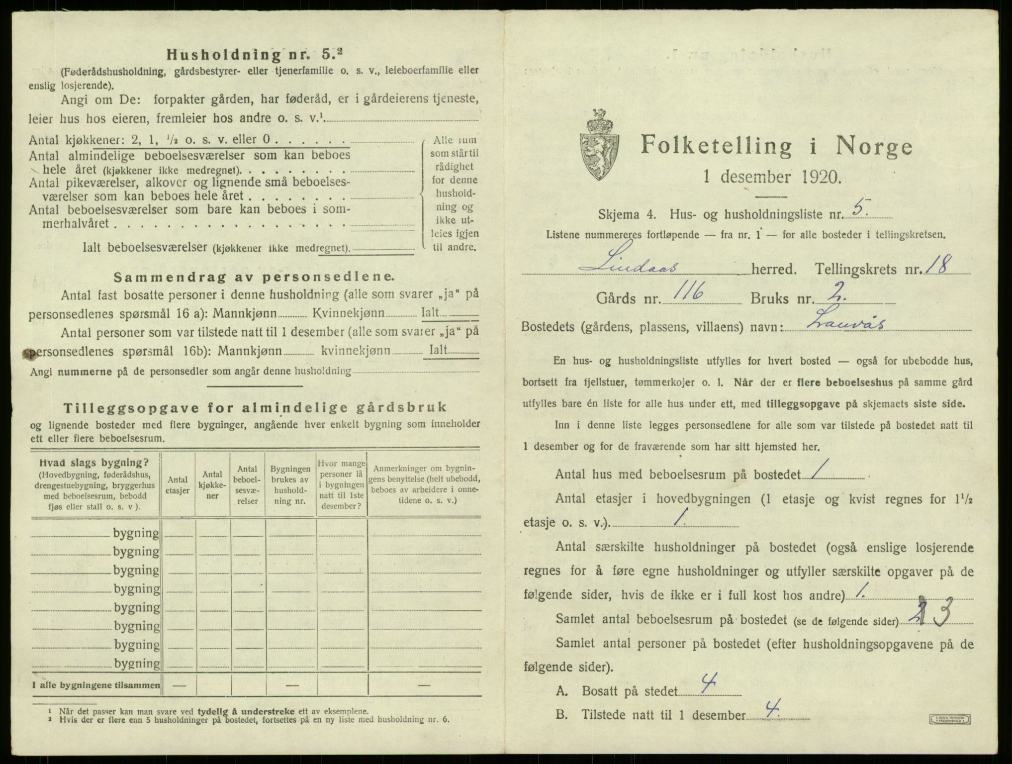 SAB, 1920 census for Lindås, 1920, p. 1284