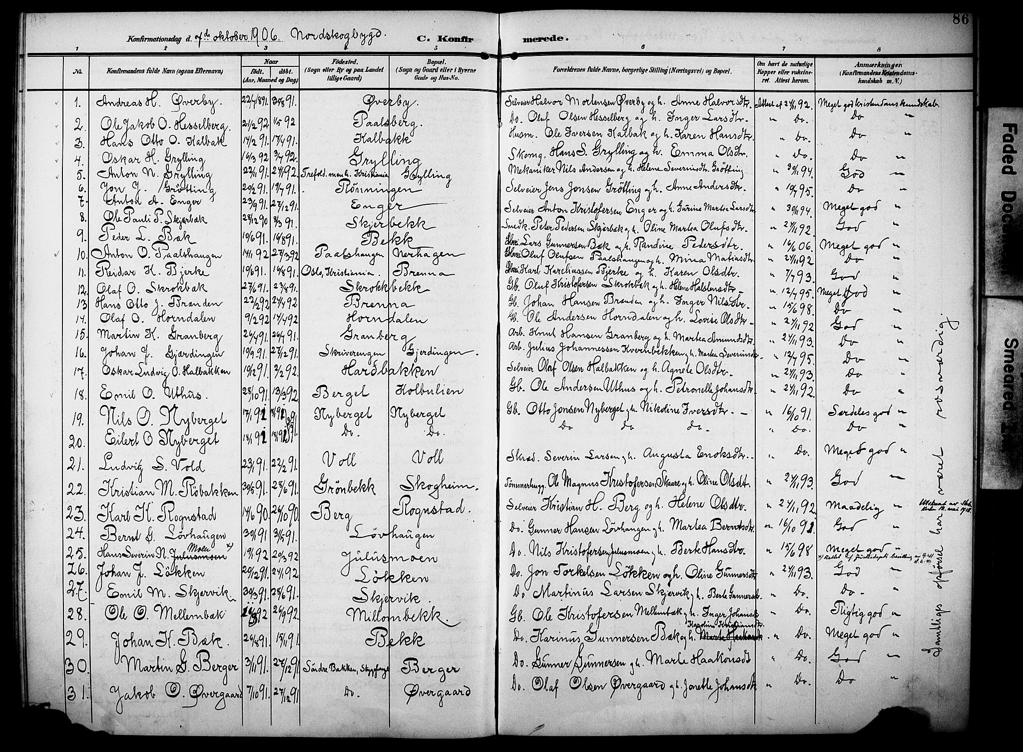 Elverum prestekontor, AV/SAH-PREST-044/H/Ha/Haa/L0016: Parish register (official) no. 16, 1903-1912, p. 86
