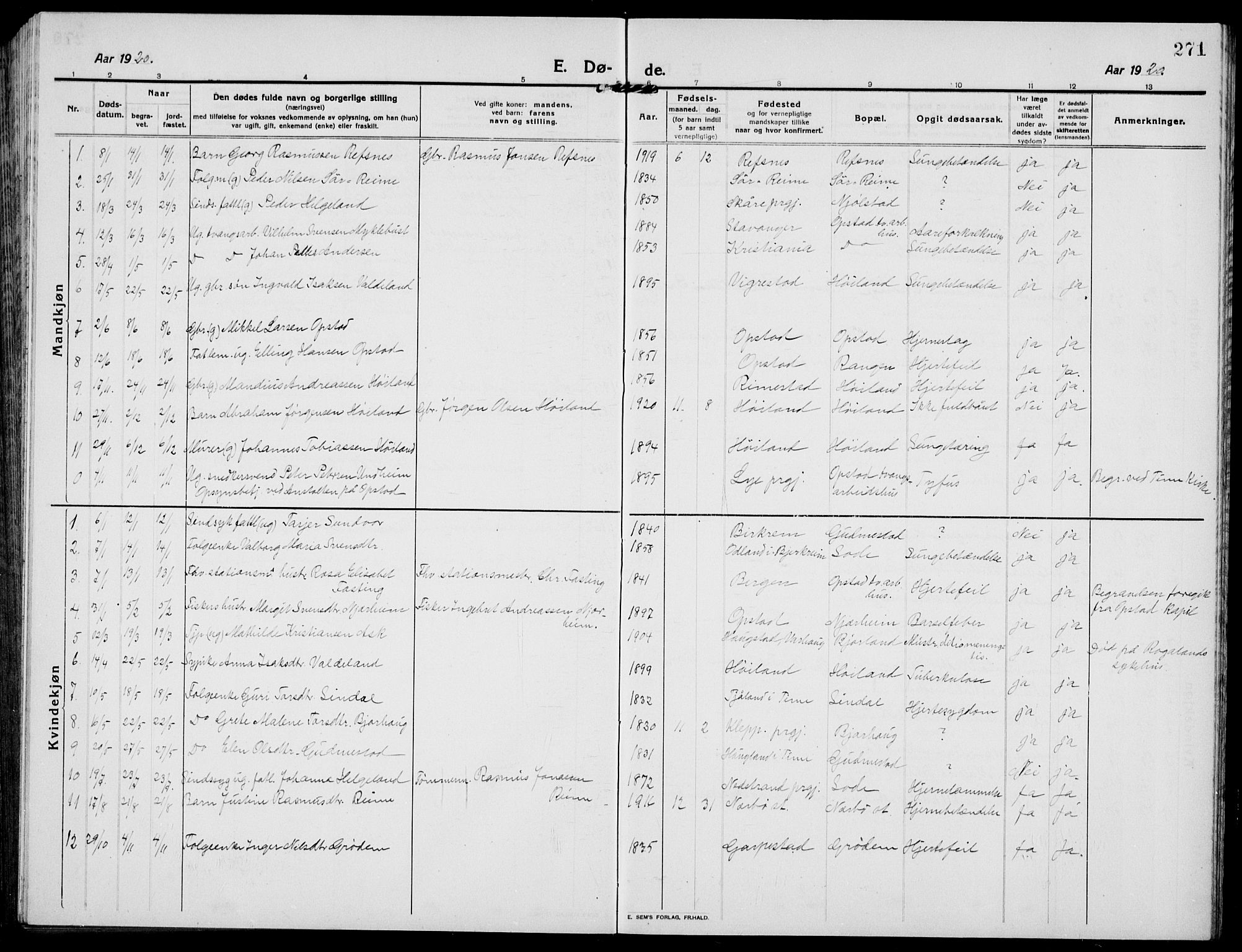 Hå sokneprestkontor, SAST/A-101801/001/30BB/L0007: Parish register (copy) no. B 7, 1912-1939, p. 271