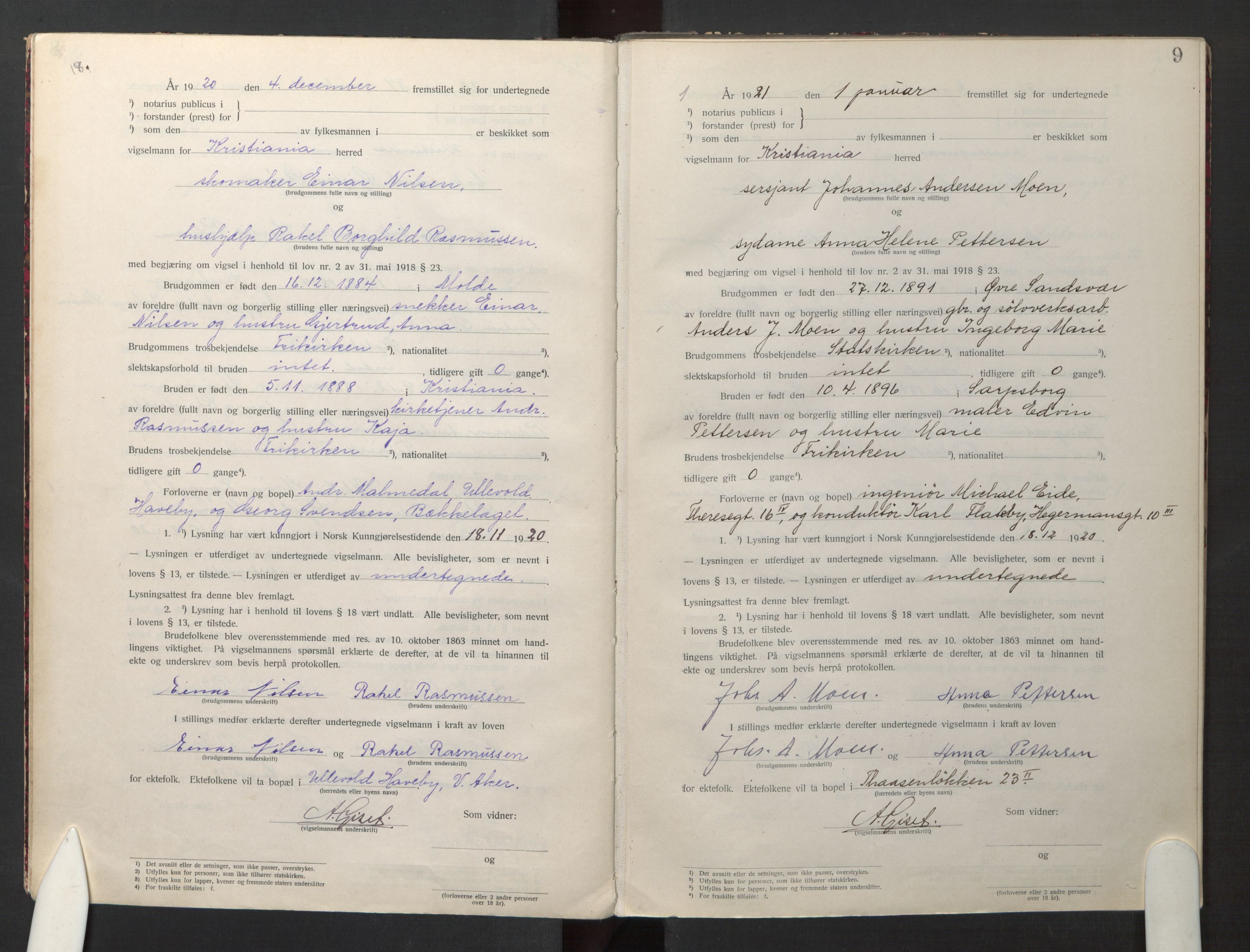 Den evangelisk-lutherske frikirke østre menighet, Oslo, SAO/PAO-0245/F/L0005: Marriage register (dissenter) no. 5, 1920-1941, p. 9