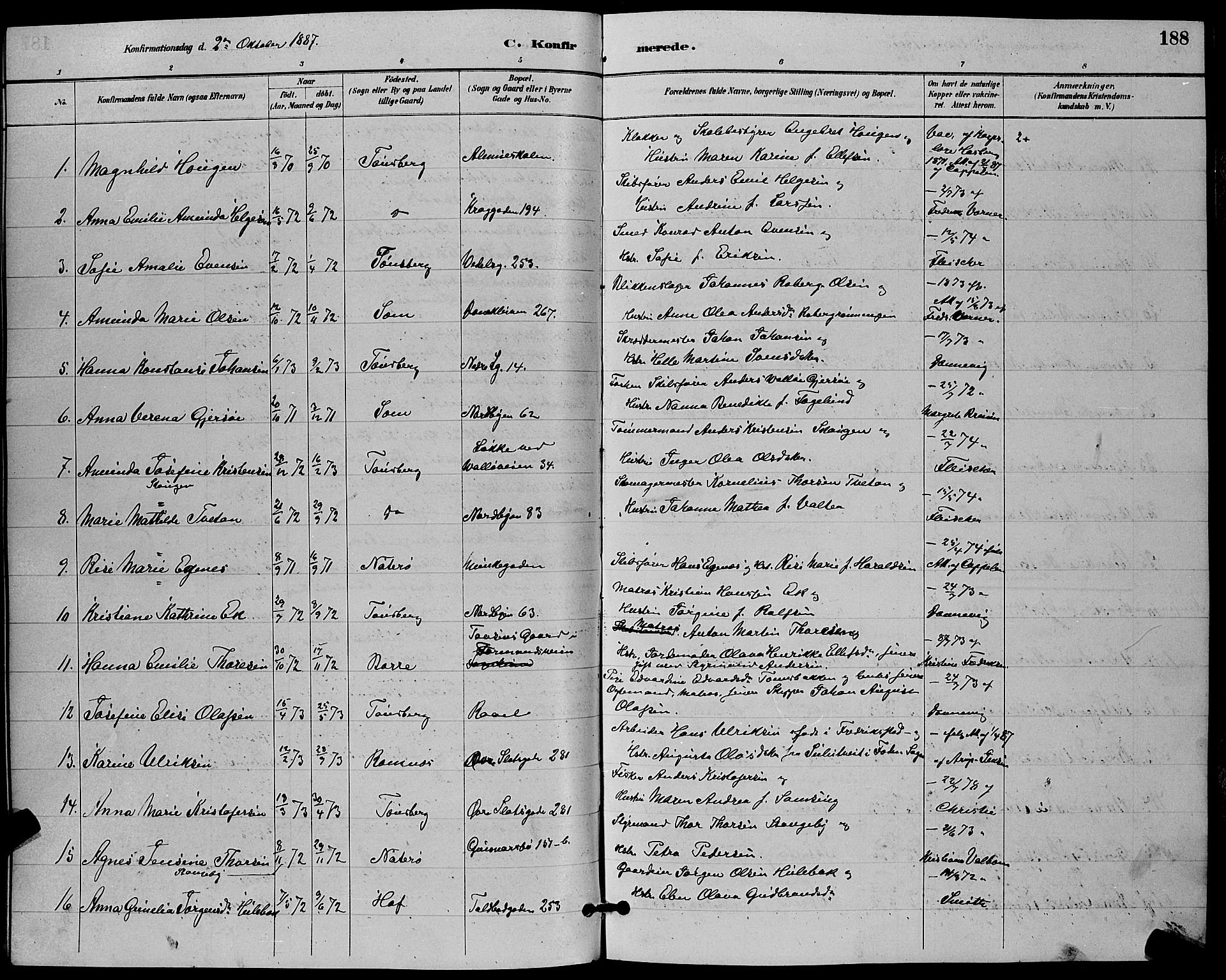 Tønsberg kirkebøker, AV/SAKO-A-330/G/Ga/L0006: Parish register (copy) no. 6, 1885-1895, p. 188