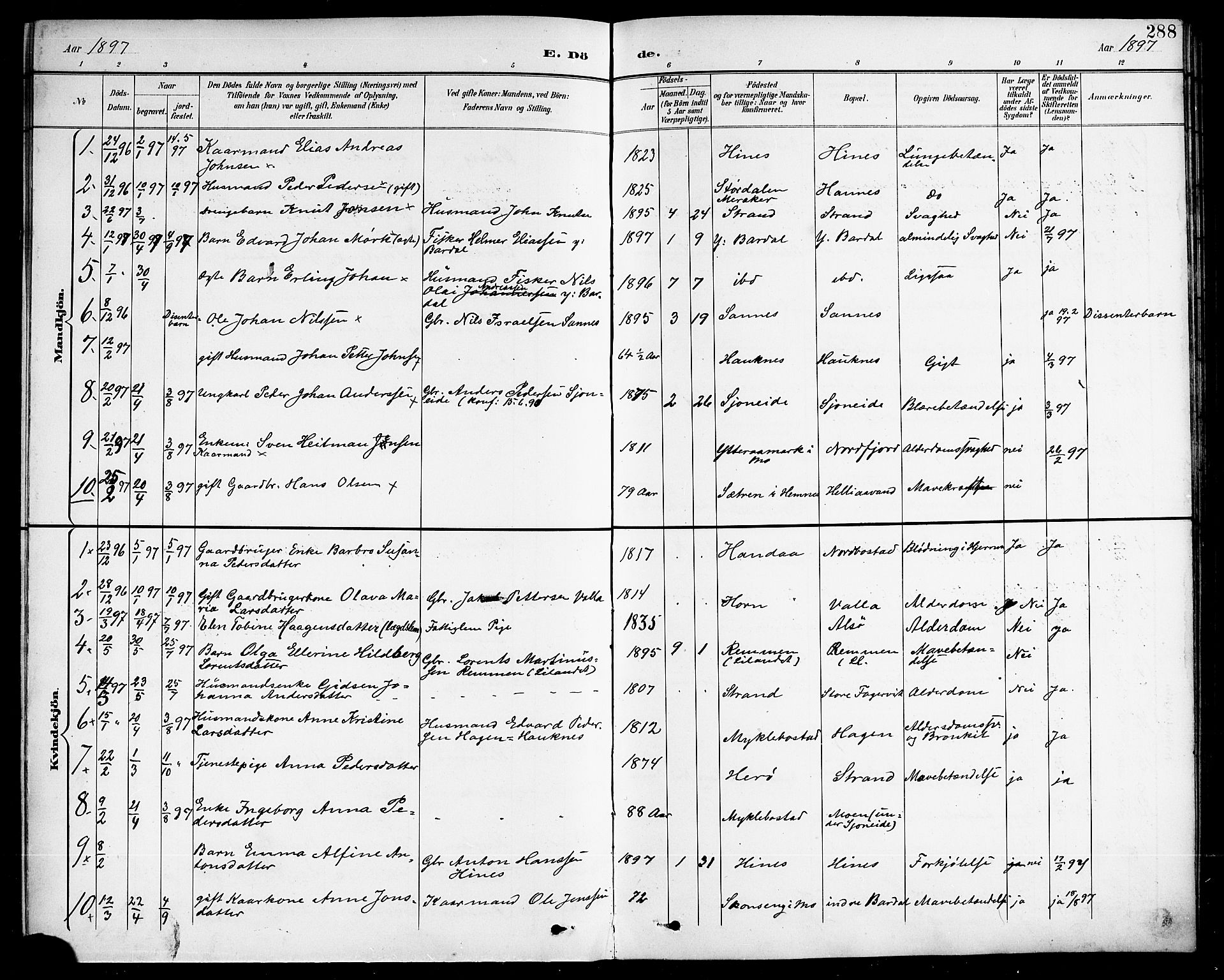 Ministerialprotokoller, klokkerbøker og fødselsregistre - Nordland, SAT/A-1459/838/L0559: Parish register (copy) no. 838C06, 1893-1910, p. 288