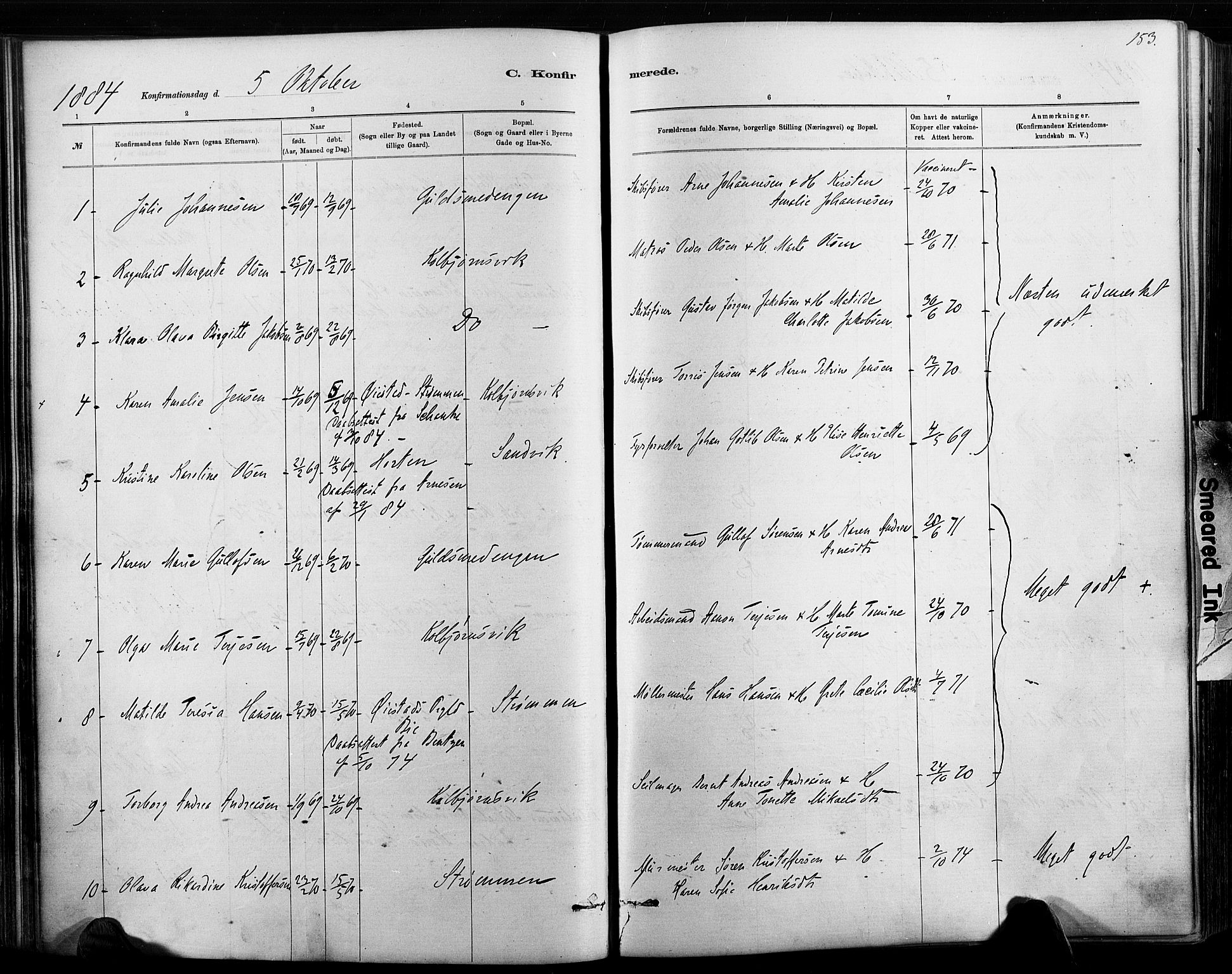 Hisøy sokneprestkontor, AV/SAK-1111-0020/F/Fa/L0003: Parish register (official) no. A 3, 1881-1894, p. 153