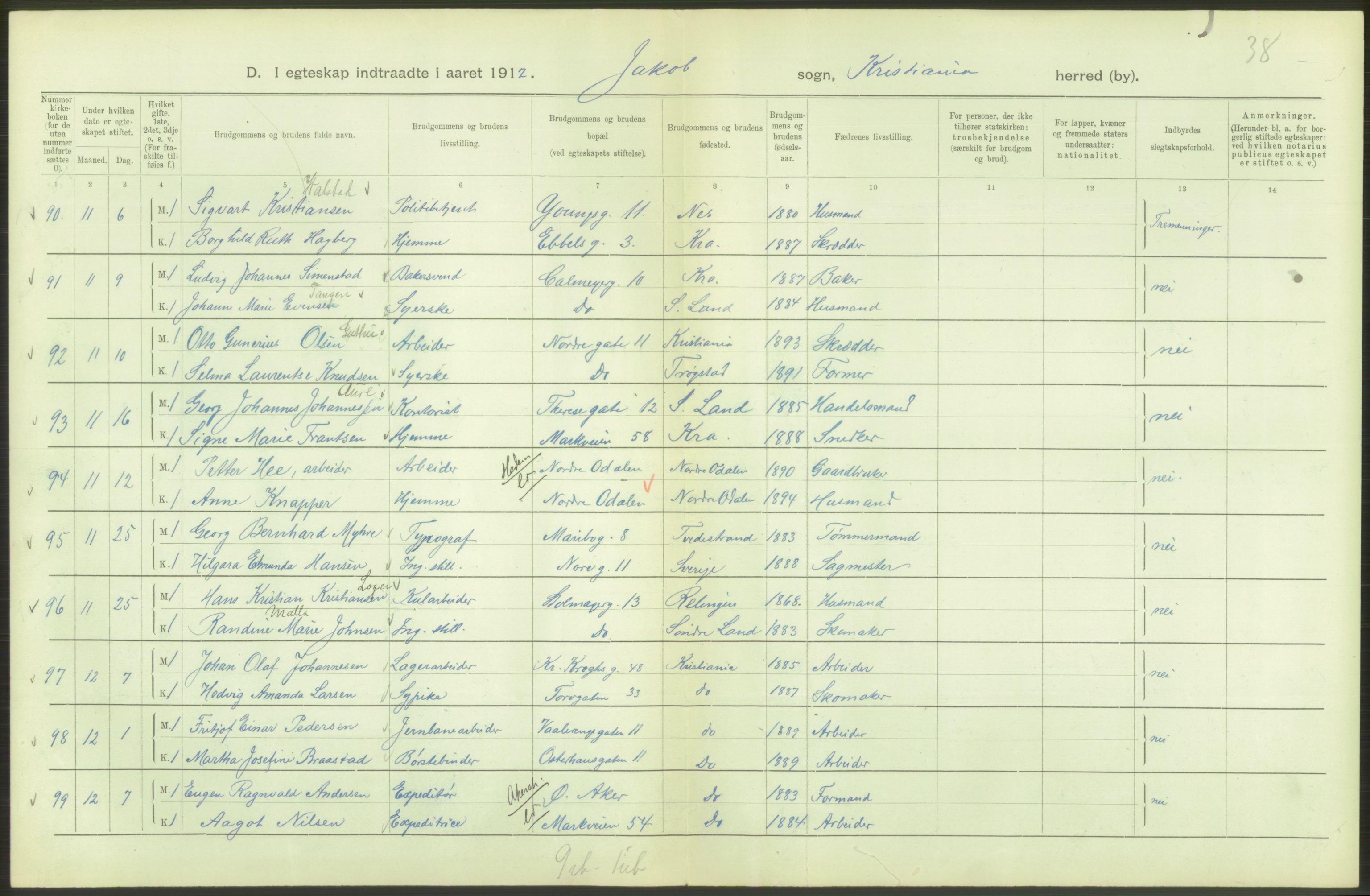 Statistisk sentralbyrå, Sosiodemografiske emner, Befolkning, AV/RA-S-2228/D/Df/Dfb/Dfbb/L0008: Kristiania: Gifte, 1912, p. 284