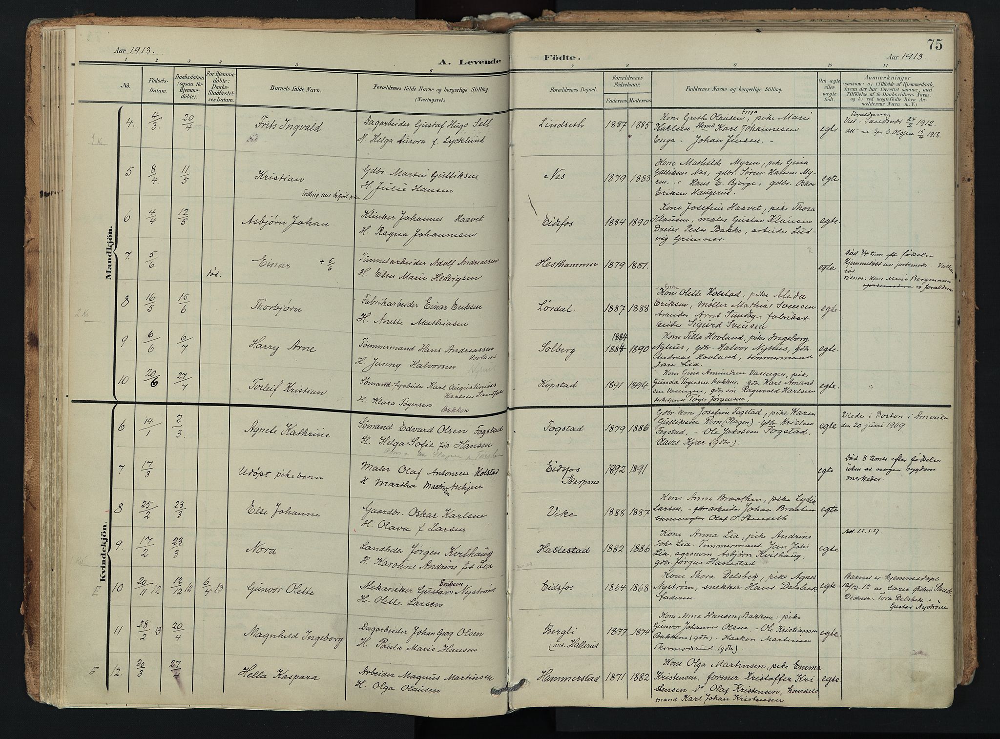 Hof kirkebøker, SAKO/A-64/F/Fa/L0008: Parish register (official) no. I 8, 1902-1921, p. 75