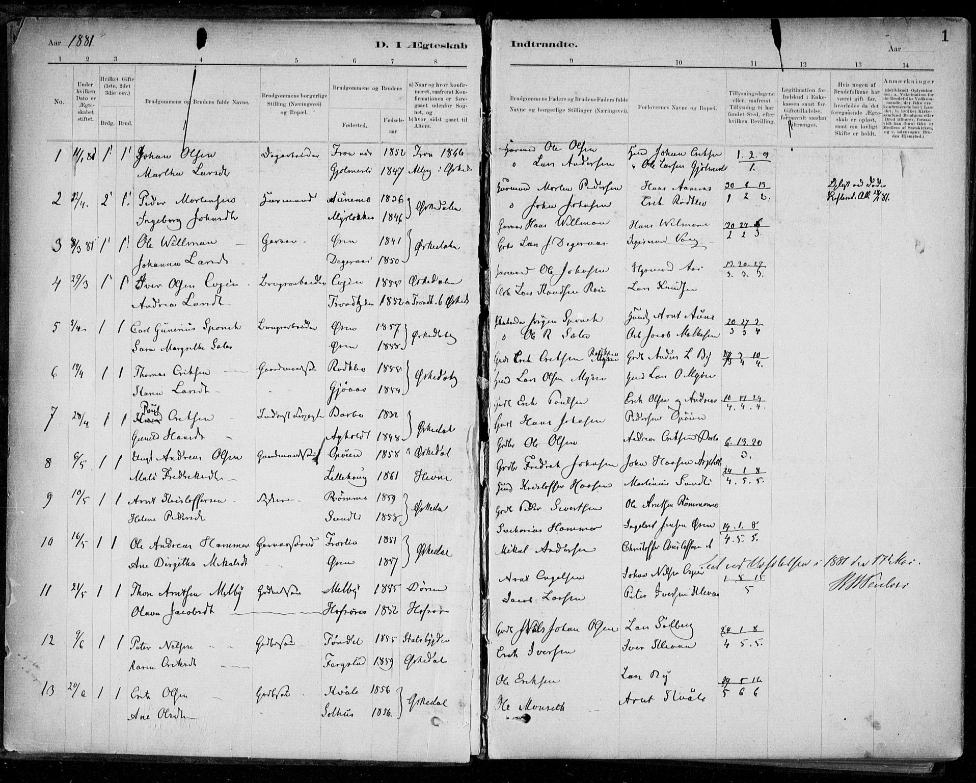 Ministerialprotokoller, klokkerbøker og fødselsregistre - Sør-Trøndelag, SAT/A-1456/668/L0810: Parish register (official) no. 668A10, 1881-1894, p. 1
