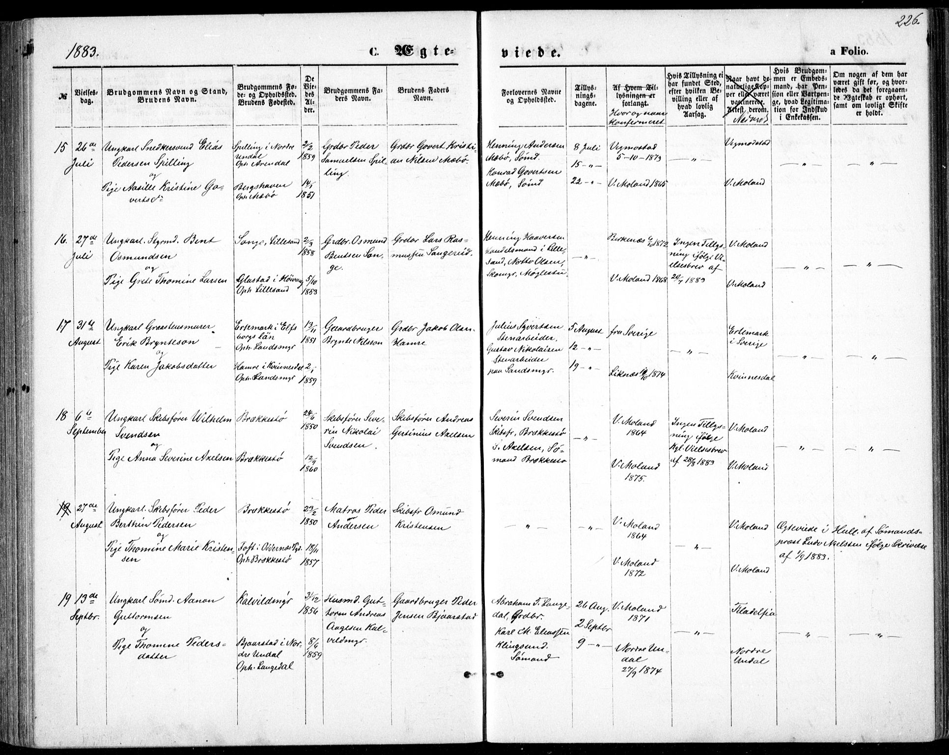 Vestre Moland sokneprestkontor, AV/SAK-1111-0046/F/Fb/Fbb/L0005: Parish register (copy) no. B 5, 1872-1883, p. 226