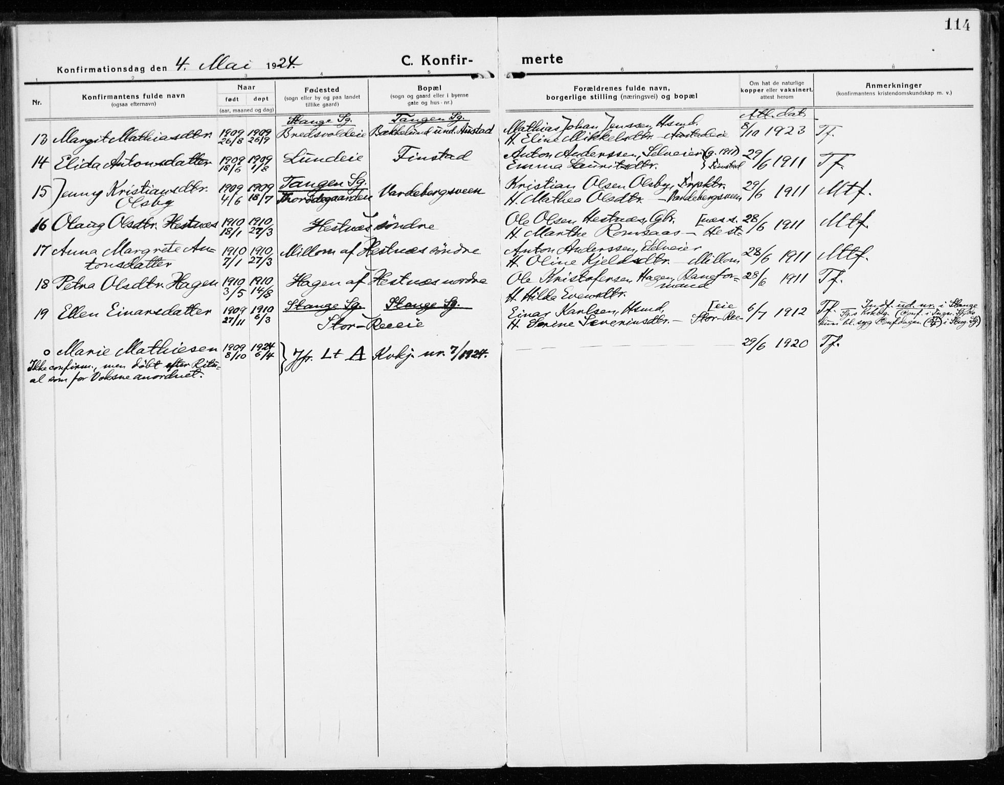 Stange prestekontor, AV/SAH-PREST-002/K/L0025: Parish register (official) no. 25, 1921-1945, p. 114