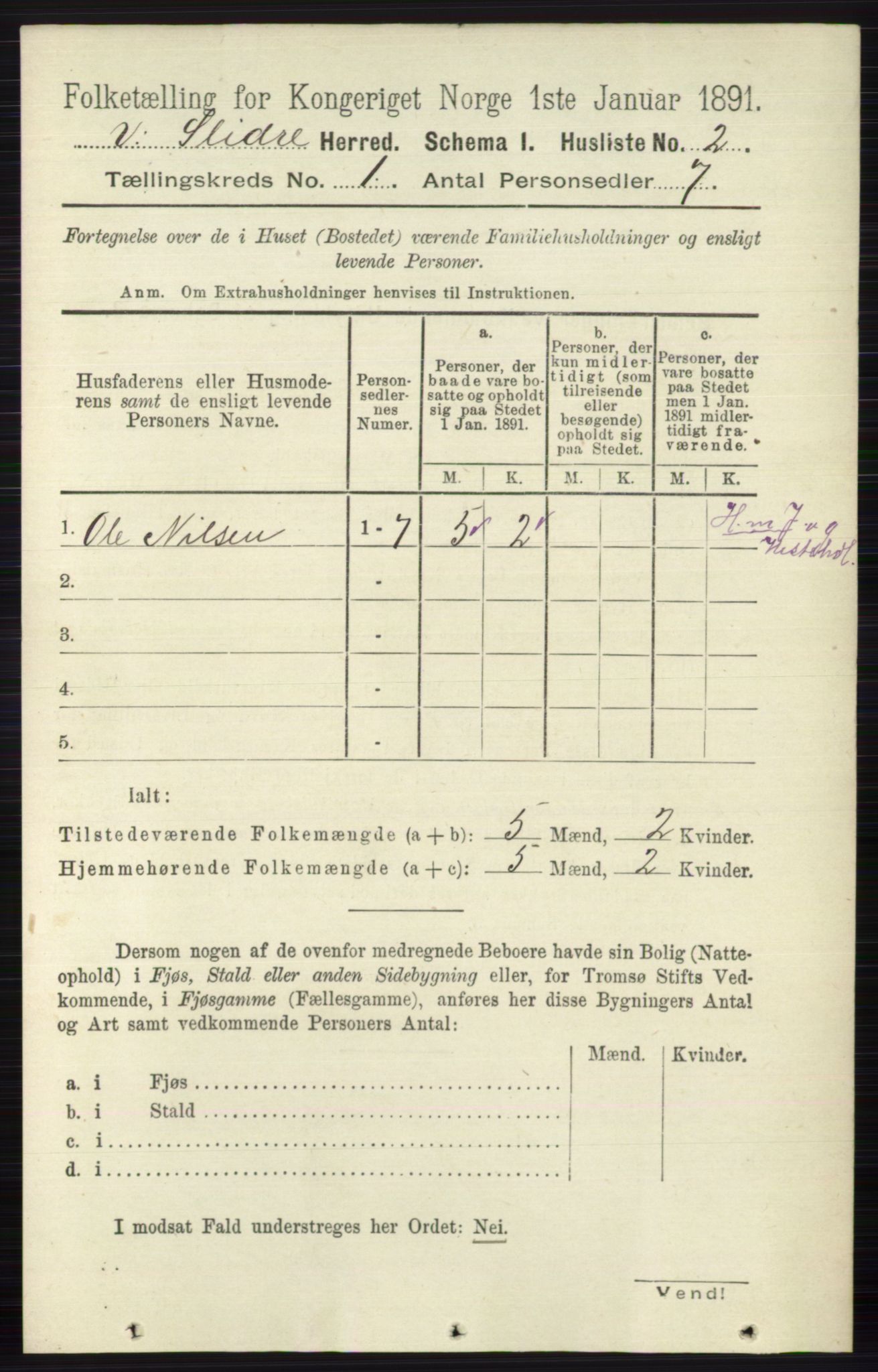 RA, 1891 census for 0543 Vestre Slidre, 1891, p. 30