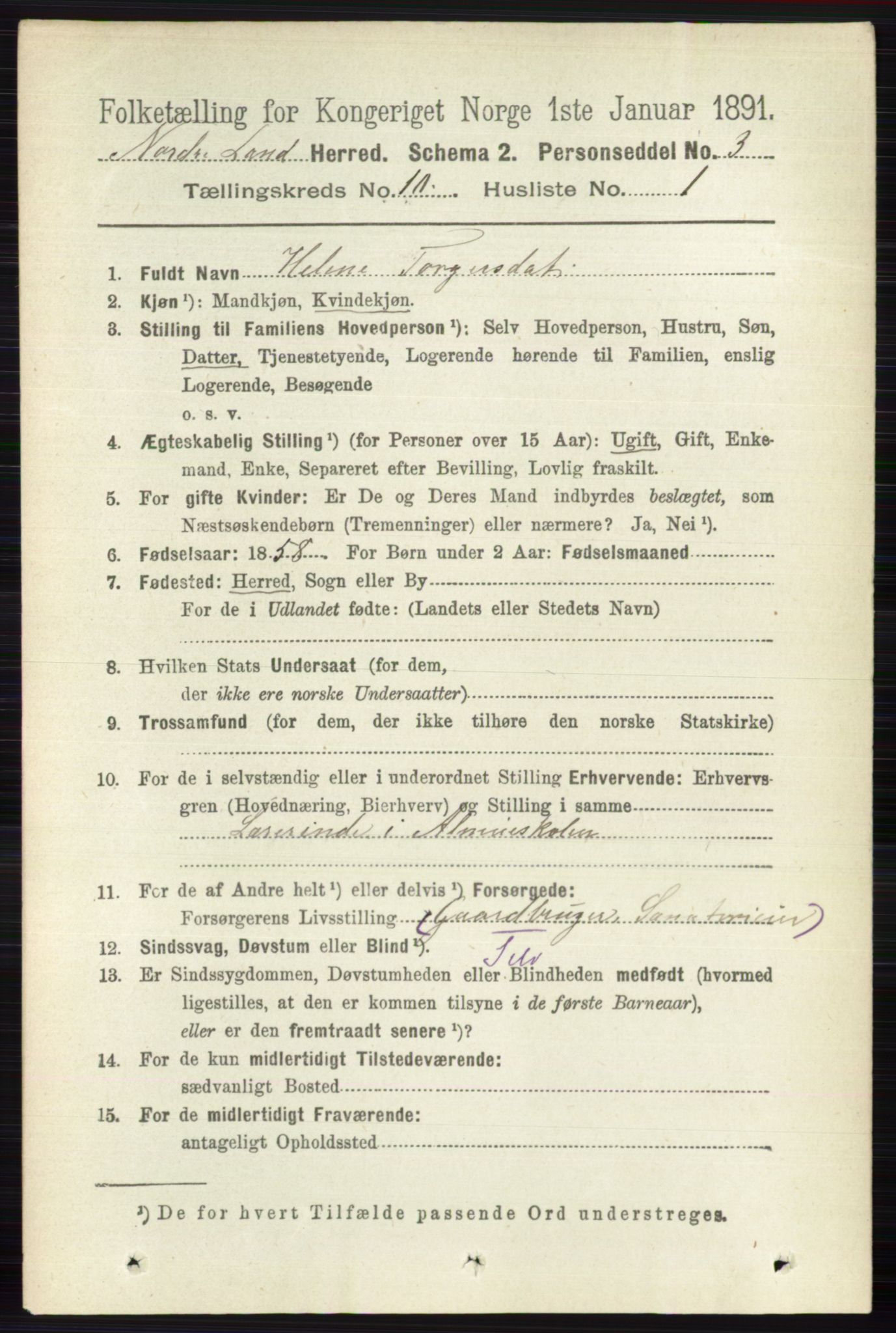 RA, 1891 census for 0538 Nordre Land, 1891, p. 2807