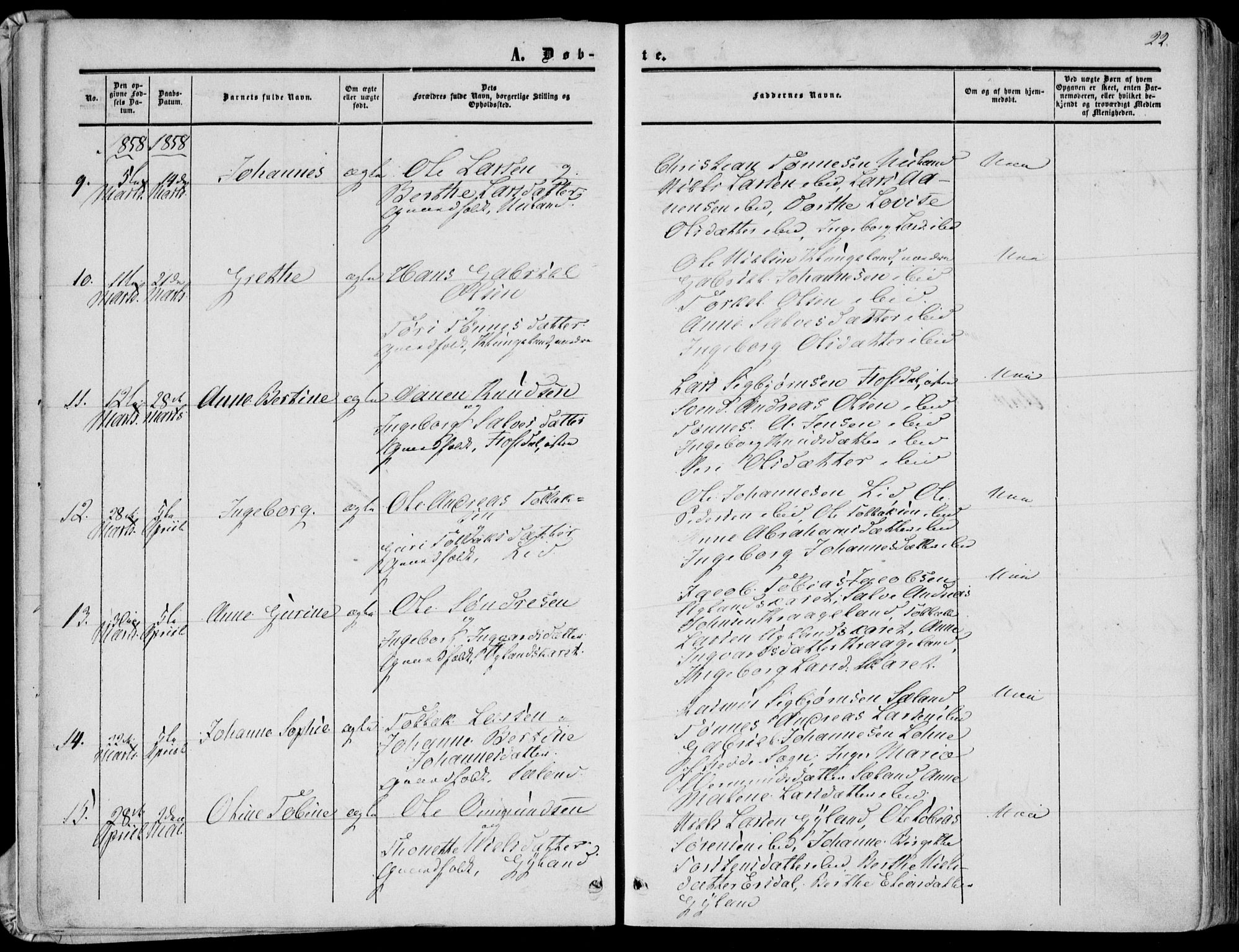 Bakke sokneprestkontor, AV/SAK-1111-0002/F/Fa/Fab/L0002: Parish register (official) no. A 2, 1855-1884, p. 22