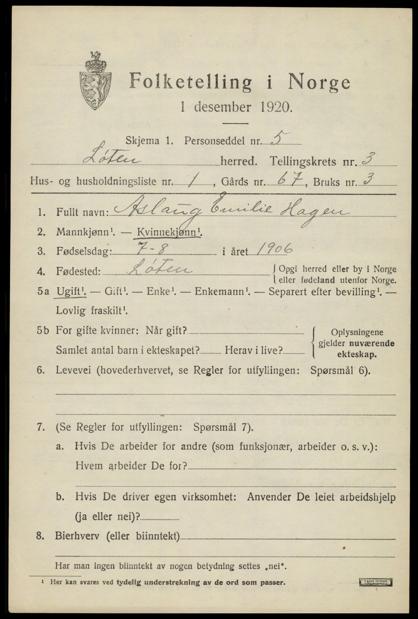 SAH, 1920 census for Løten, 1920, p. 7313