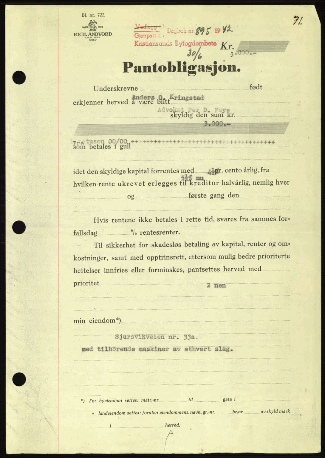 Kristiansund byfogd, SAT/A-4587/A/27: Mortgage book no. 36, 1942-1943, Diary no: : 895/1942