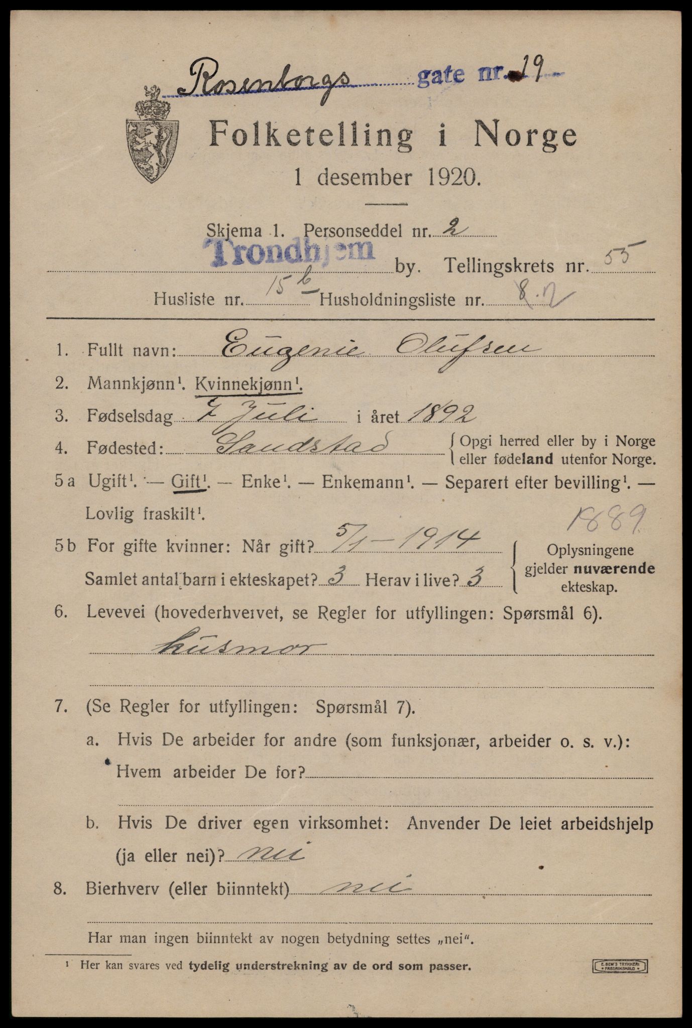 SAT, 1920 census for Trondheim, 1920, p. 112254