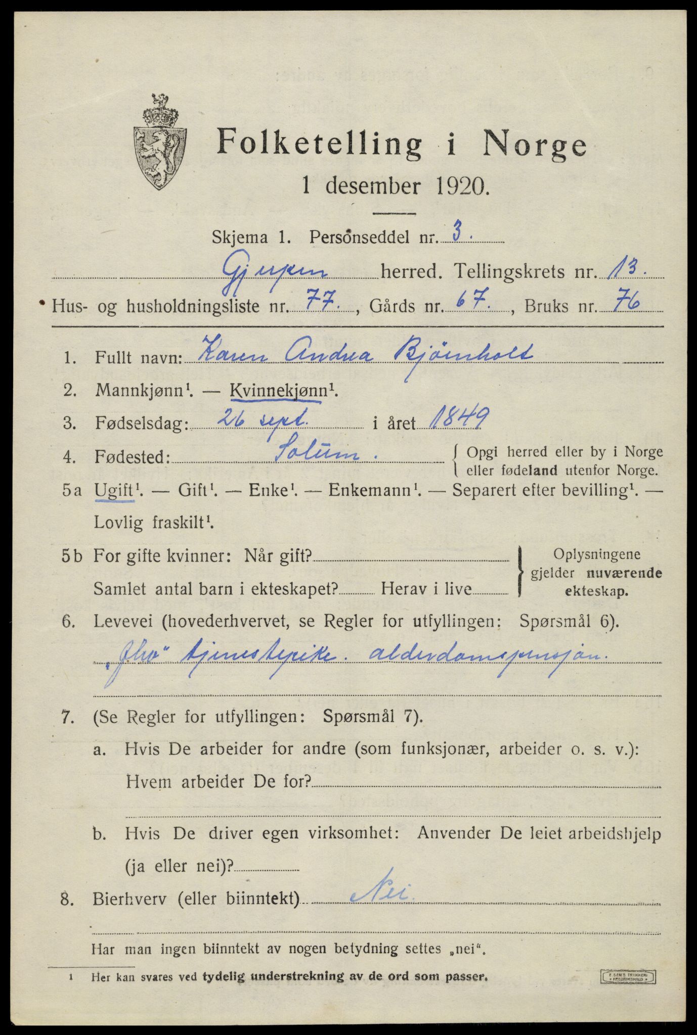 SAKO, 1920 census for Gjerpen, 1920, p. 14960