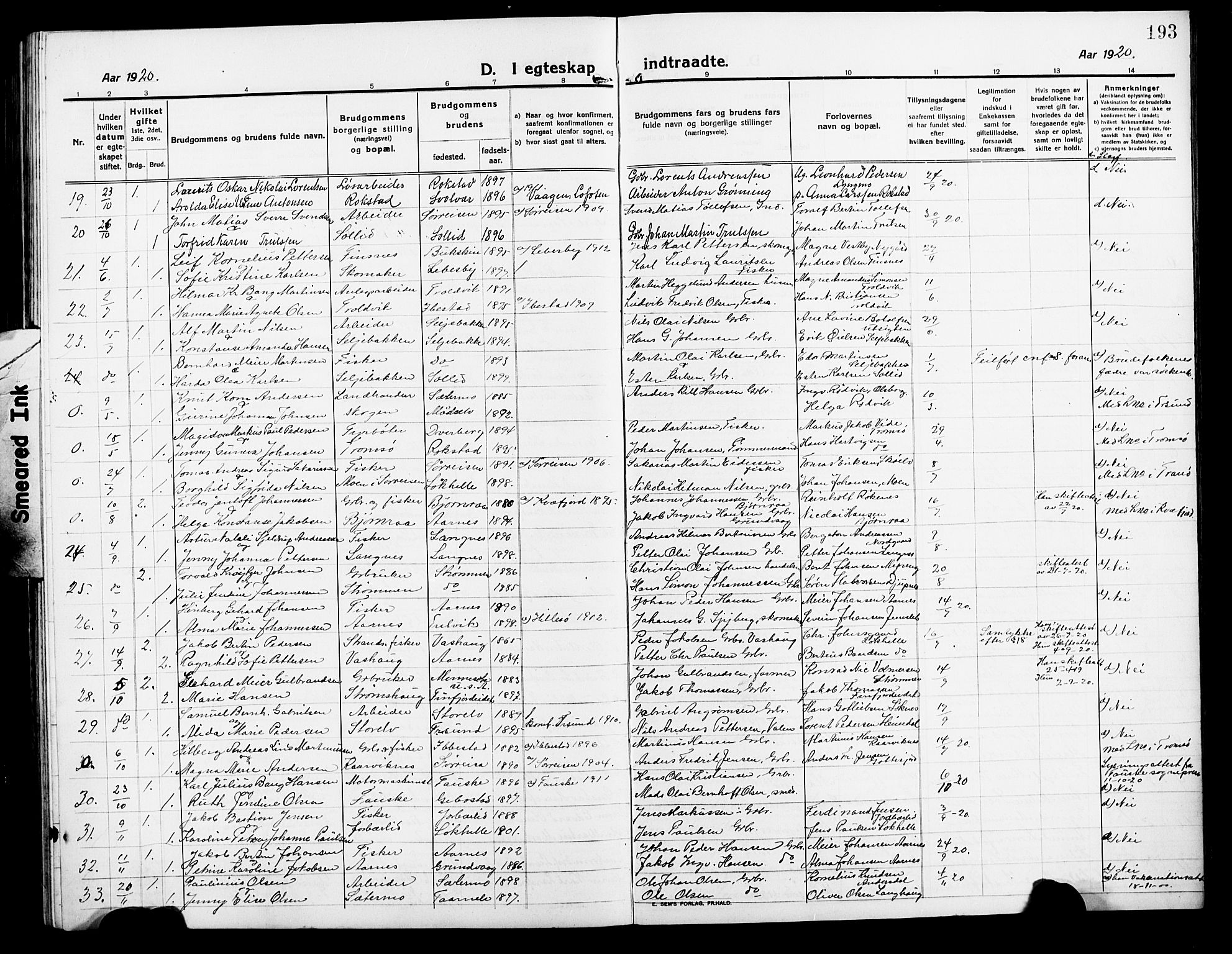 Lenvik sokneprestembete, AV/SATØ-S-1310/H/Ha/Hab/L0009klokker: Parish register (copy) no. 9, 1912-1926, p. 193