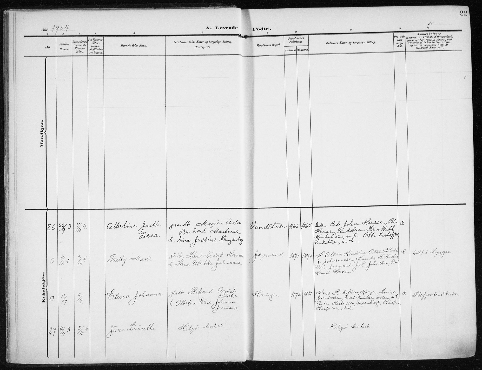 Karlsøy sokneprestembete, AV/SATØ-S-1299/H/Ha/Haa/L0014kirke: Parish register (official) no. 14, 1903-1917, p. 22