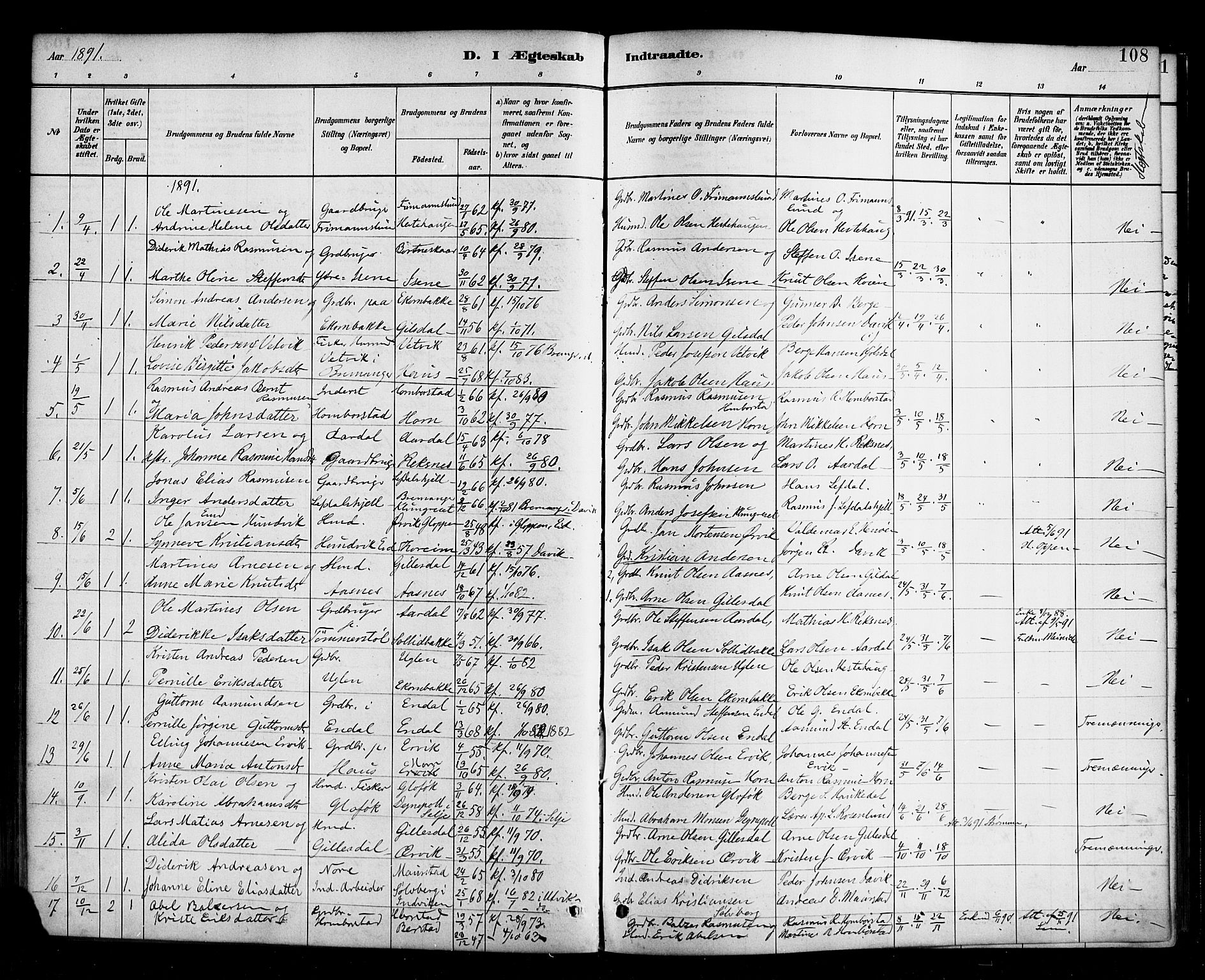 Davik sokneprestembete, AV/SAB-A-79701/H/Haa/Haab/L0001: Parish register (official) no. B 1, 1882-1900, p. 108