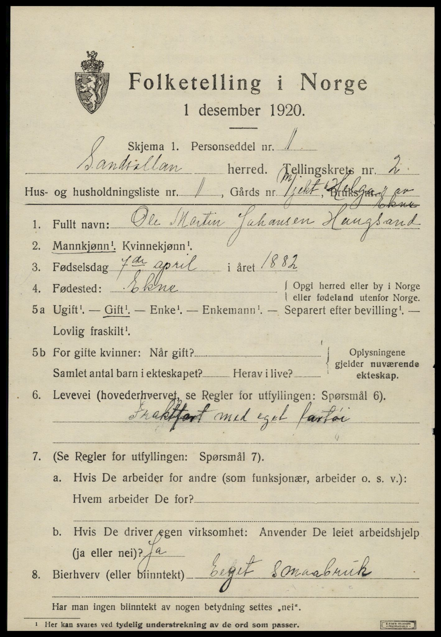 SAT, 1920 census for Sandvollan, 1920, p. 677