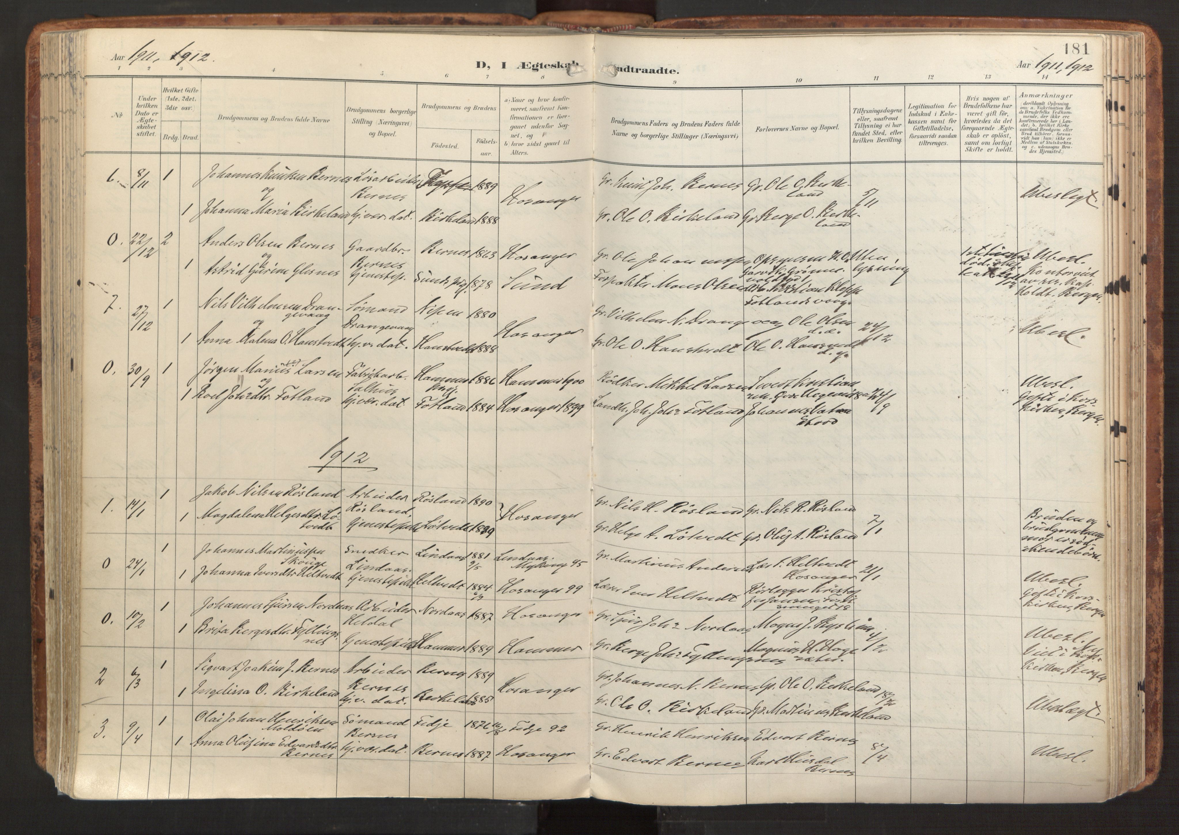 Hosanger sokneprestembete, AV/SAB-A-75801/H/Haa: Parish register (official) no. B 2, 1897-1923, p. 181