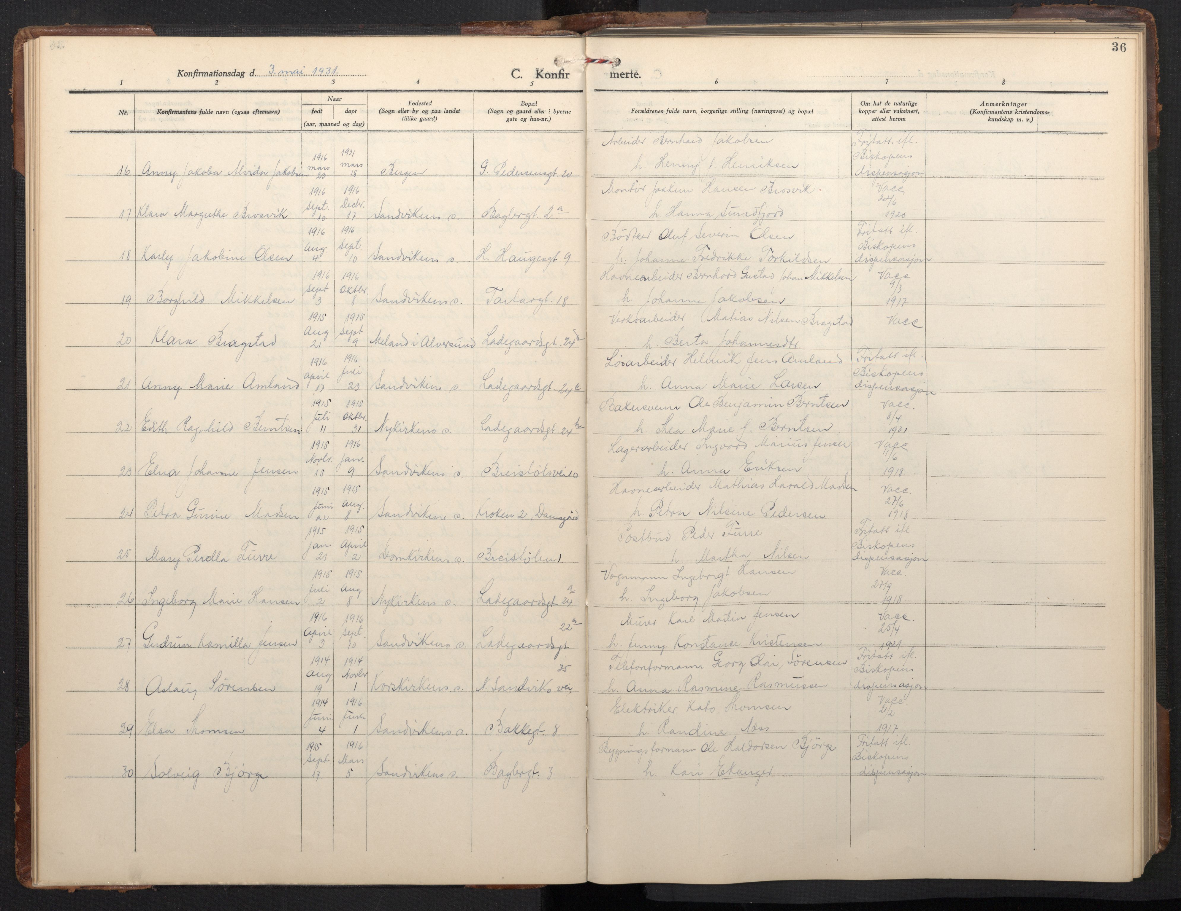 St. Olavs Sokneprestembete, AV/SAB-A-78101/H/Hab: Parish register (copy) no. B 1, 1928-1968, p. 35b-36a