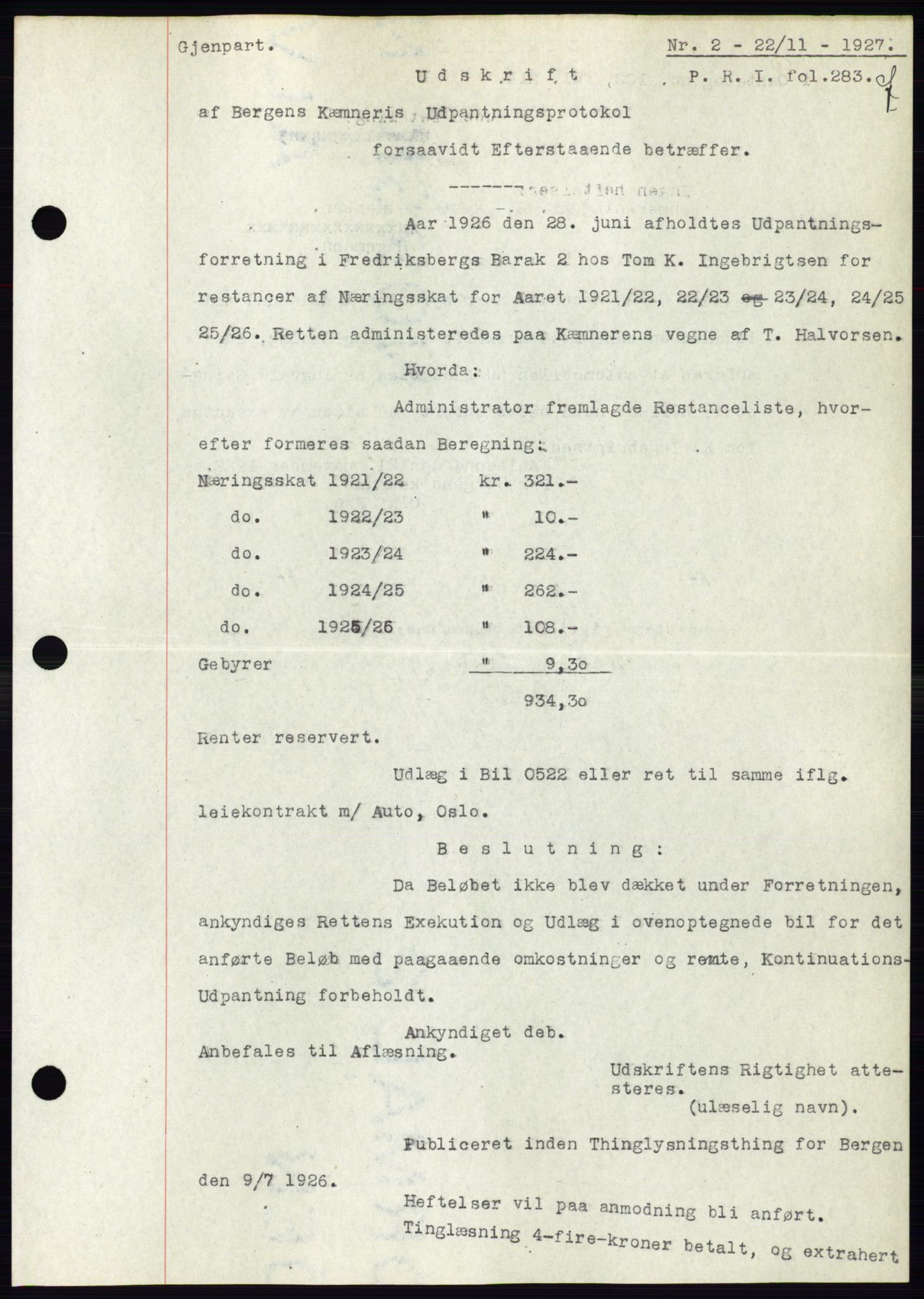 Ålesund byfogd, AV/SAT-A-4384: Mortgage book no. 22, 1927-1927, Deed date: 22.11.1927