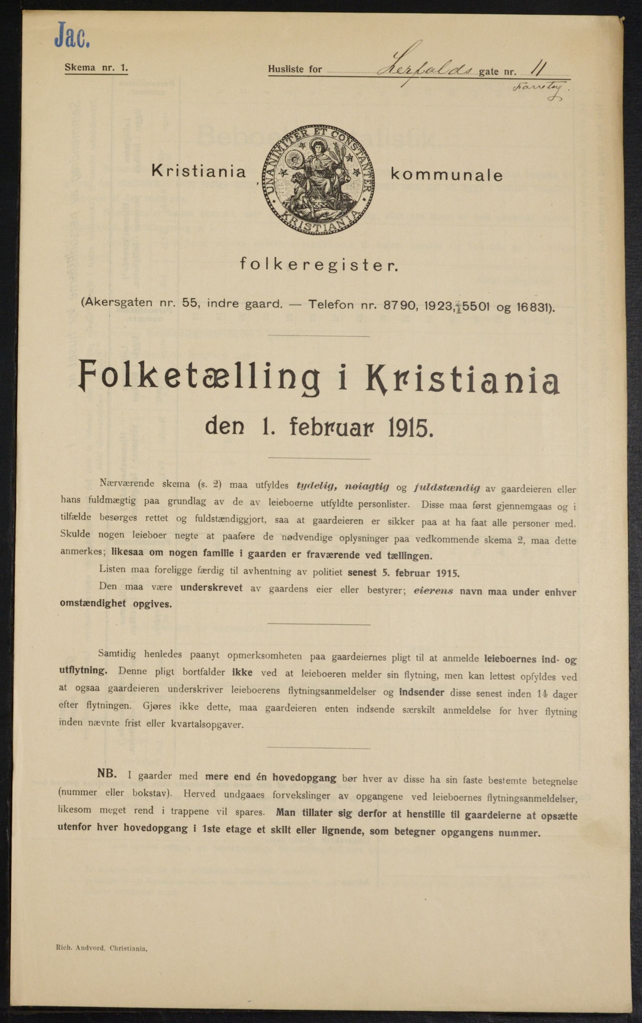 OBA, Municipal Census 1915 for Kristiania, 1915, p. 56911