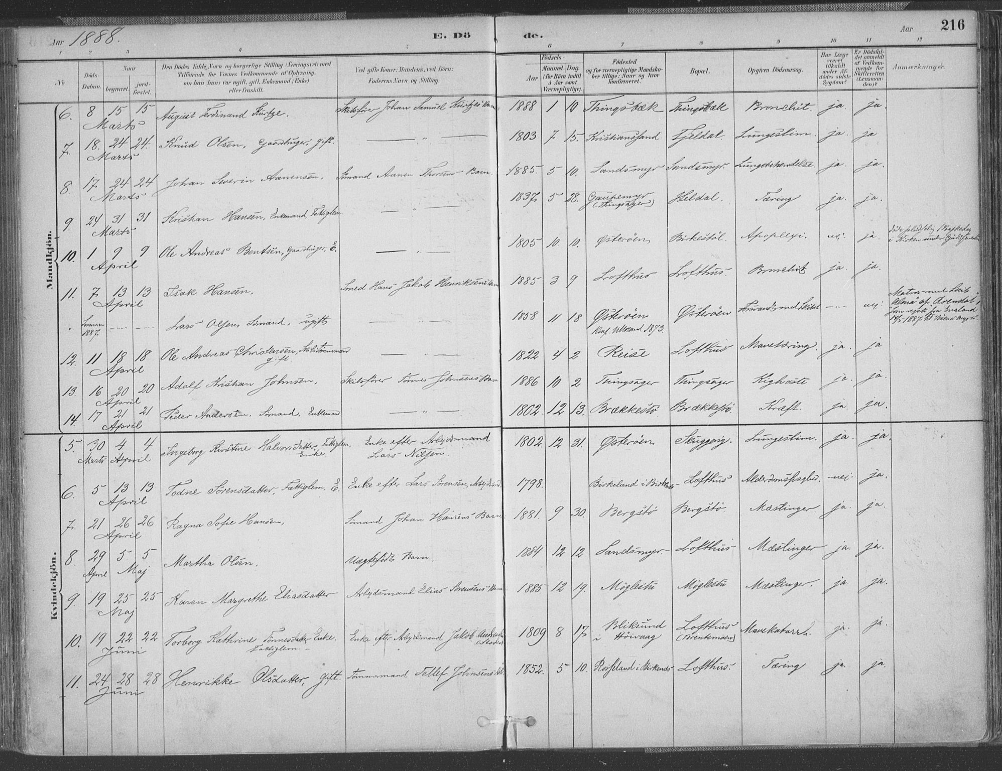 Vestre Moland sokneprestkontor, AV/SAK-1111-0046/F/Fa/Fab/L0009: Parish register (official) no. A 9, 1884-1899, p. 216